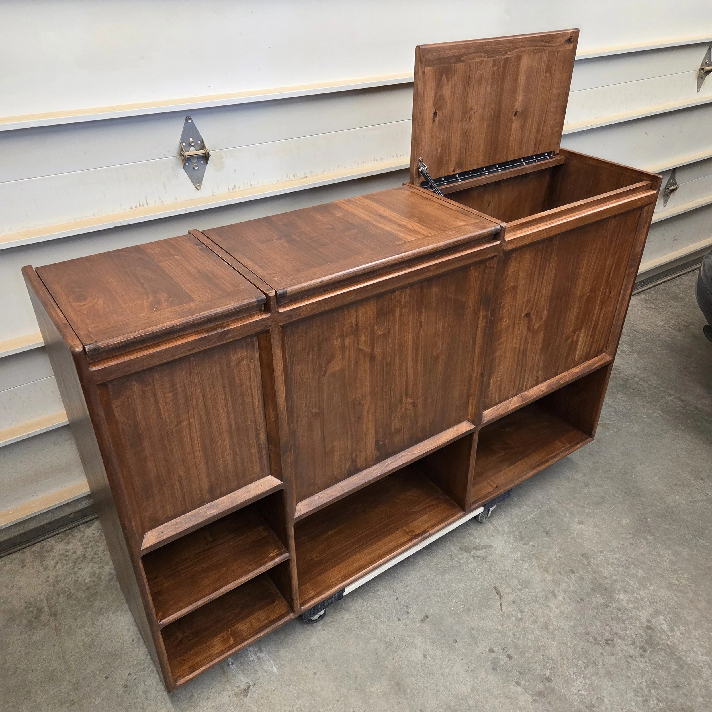 Knotty Alder Cabinet with 3 large cubbies with lids