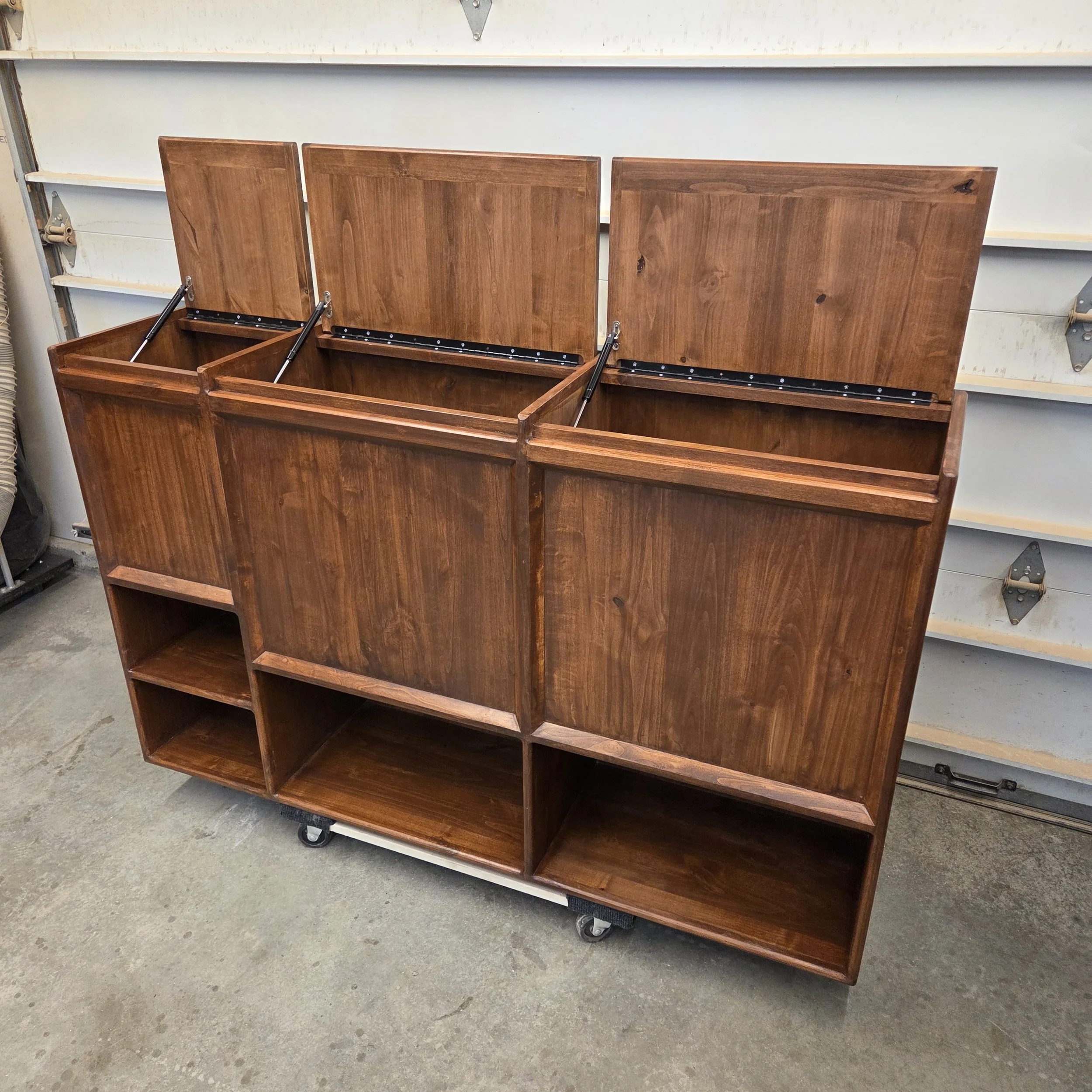 Knotty Alder Cabinet with 3 large cubbies with lids