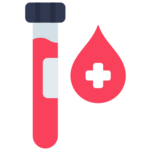 A blood sample test tube next to a blood drop with a medical cross inside.