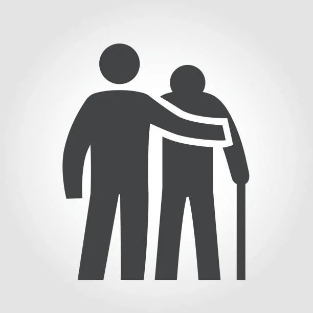 Silhouette of a person comforting an elderly person with a cane.