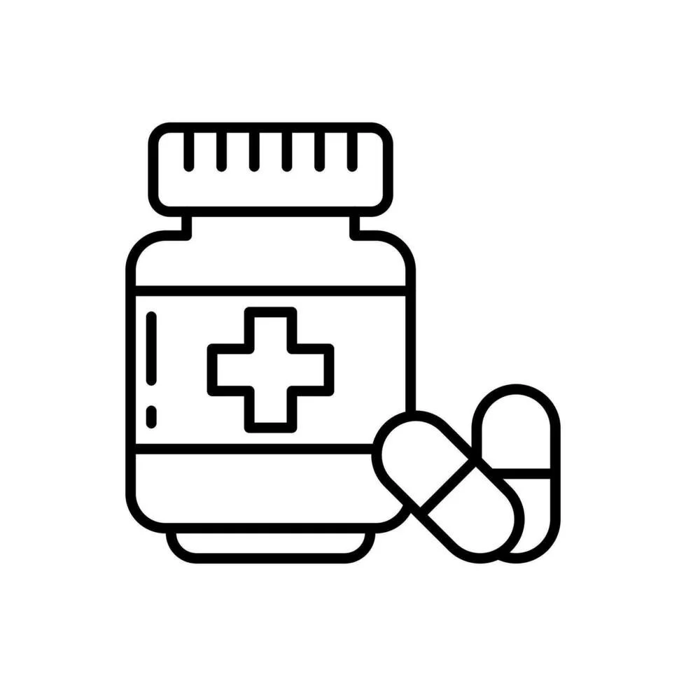 A line drawing of a medicine bottle with a cross on the label and two capsules beside it.