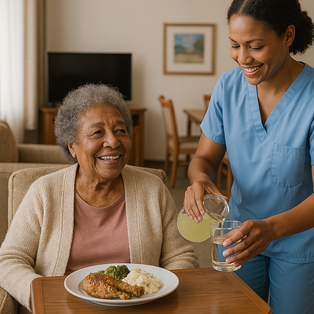 A nurse serving water to an elderly woman enjoying a meal in a dining room.