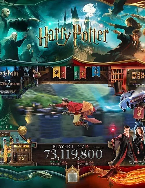 A Harry Potter-themed arcade game screen with characters and scenes from Harry Potter, including Harry Potter riding a broomstick. The game displays scores, player information, and various Harry Potter icons and symbols.