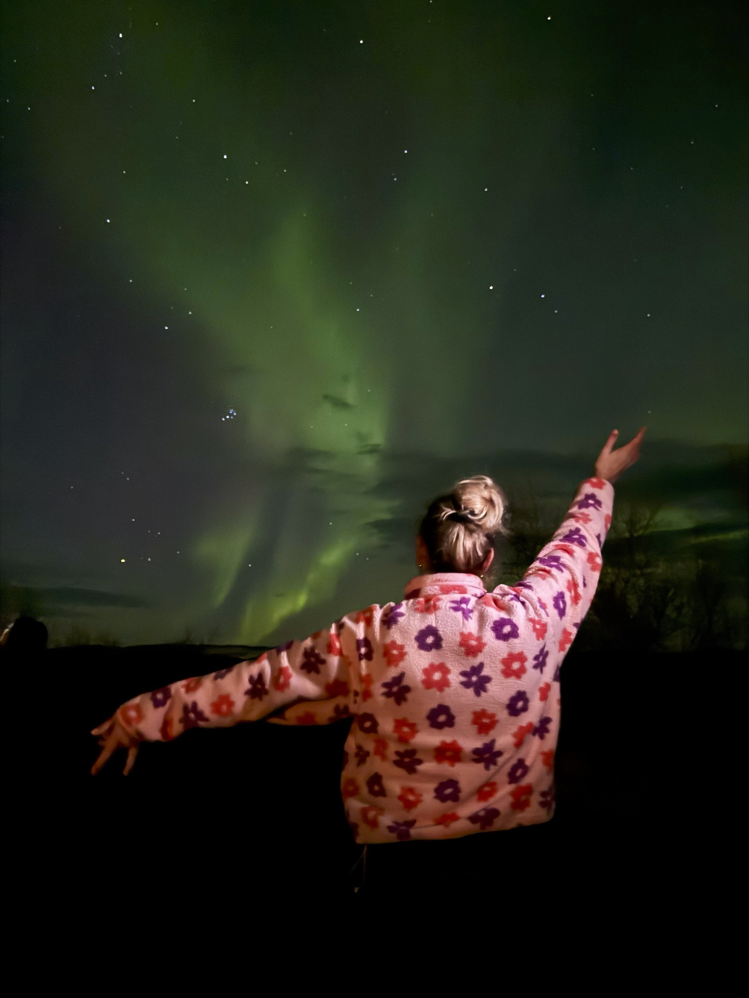 Une personne portant un sweat à motifs floraux regarde le ciel étoilé et les aurores boréales dans un paysage nocturne.