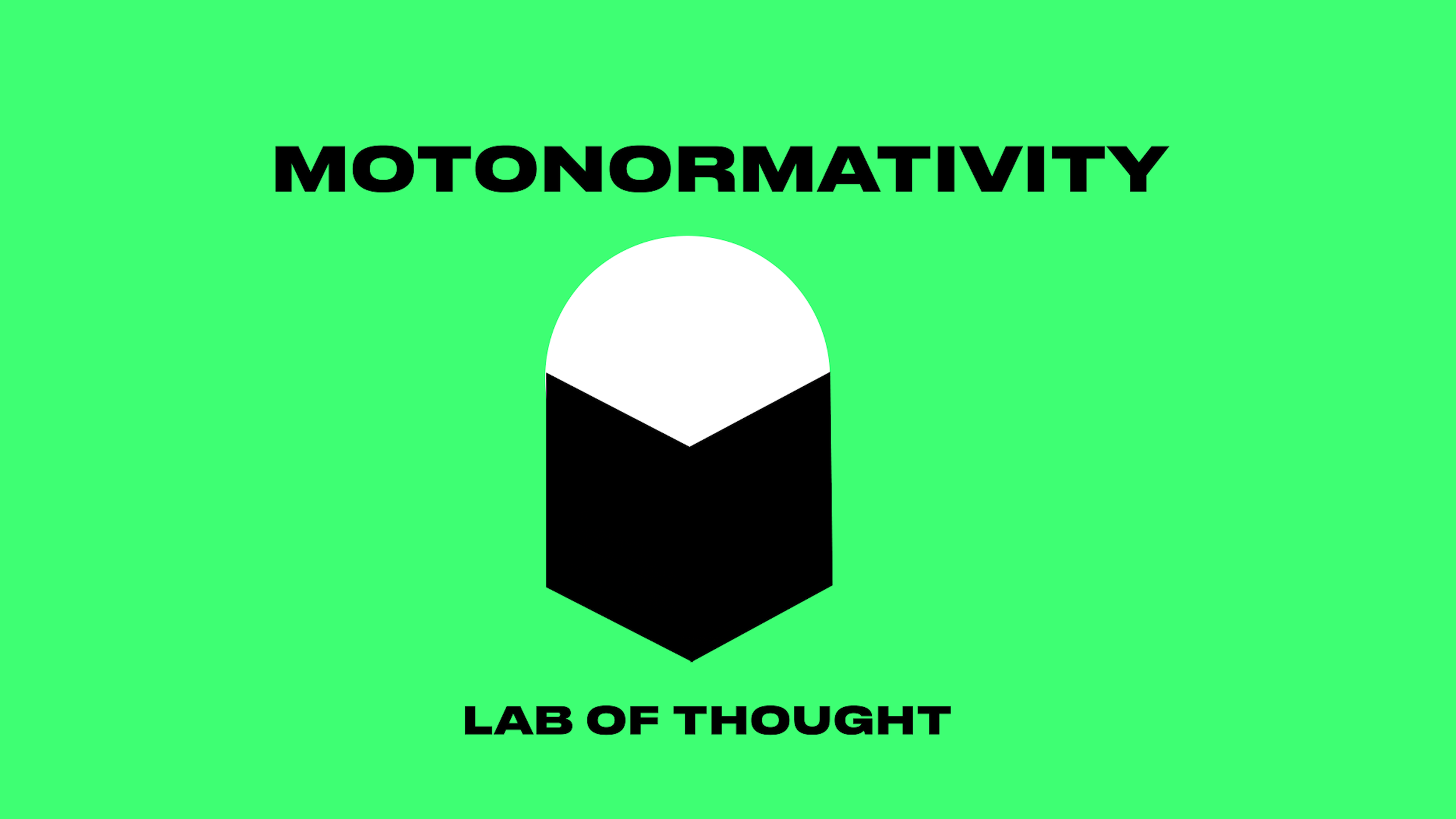 A graphic with a green background, featuring a black and white pencil icon in the center, the word 'MOTONORMATIVITY' in bold black letters above the pencil, and 'LAB OF THOUGHT' in bold black letters below.