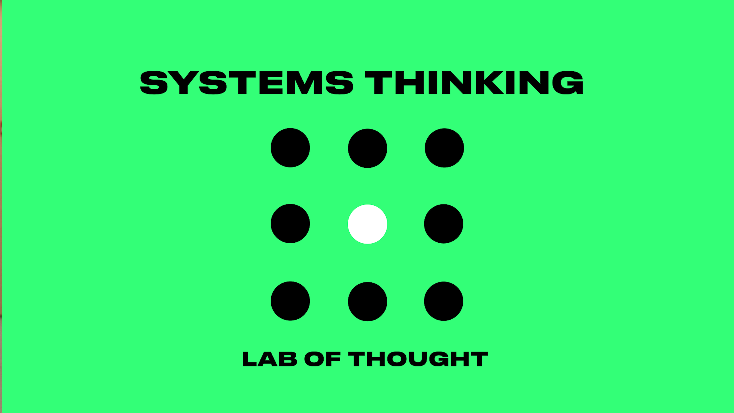Bright green background with the words 'SYSTEMS THINKING' in bold black letters at the top, a diagram of nine black circles in a grid with one white circle, and the words 'LAB OF THOUGHT' in bold black letters at the bottom.