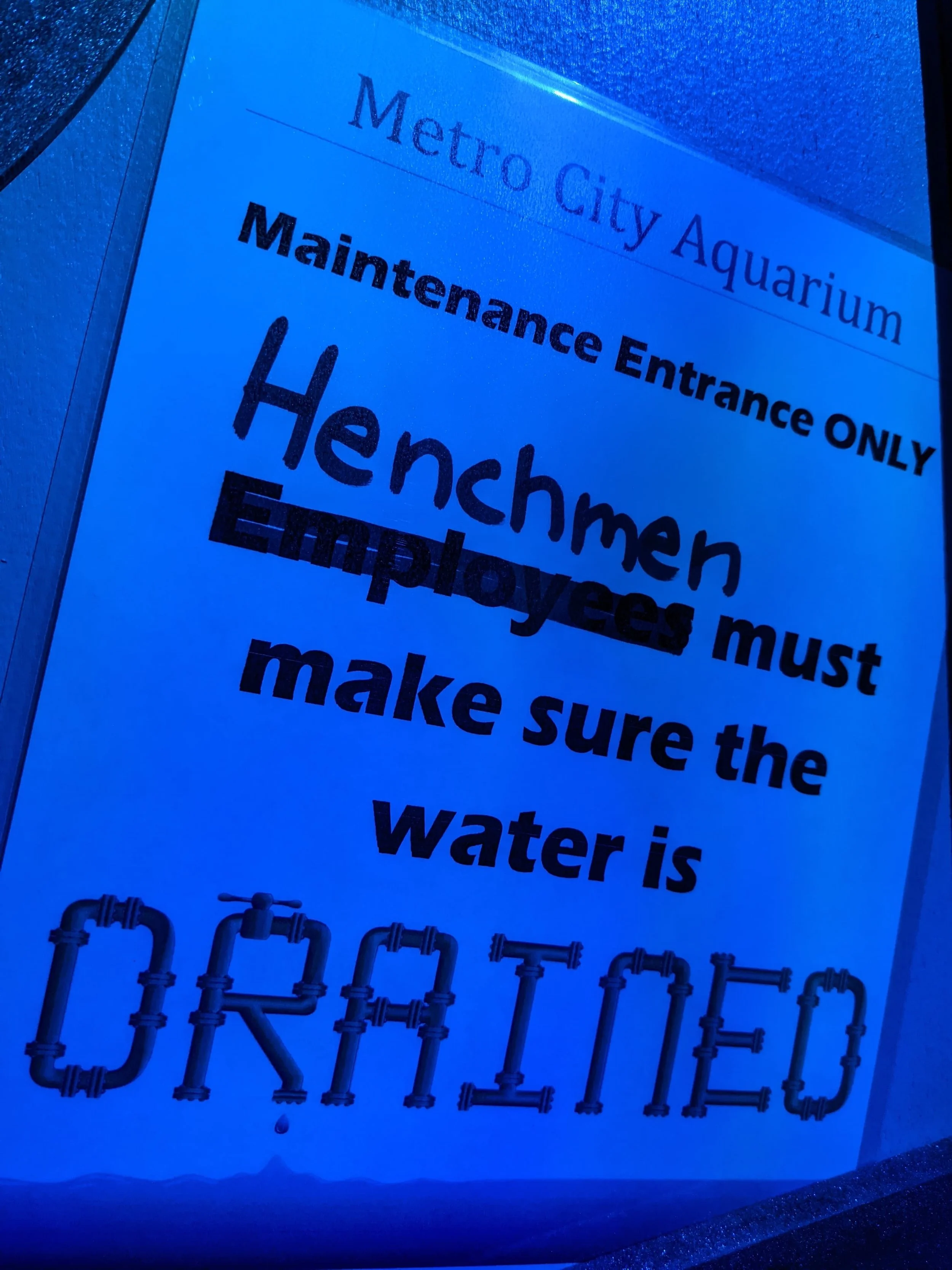 Announcement for all henchmen in the Coral Kingdom Aquarium escape room.