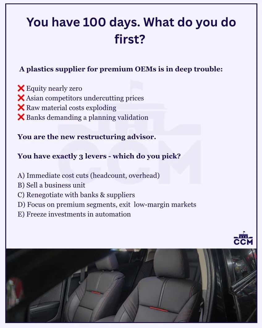 New mini case just dropped. 🚀

Before you dive in:
👉 The solution to the previous case is on slide 2.

Mini Case 2 | Restructuring Series
You have 100 days. What do you do first?
You have limited time.
You have limited levers.
And every decision ha