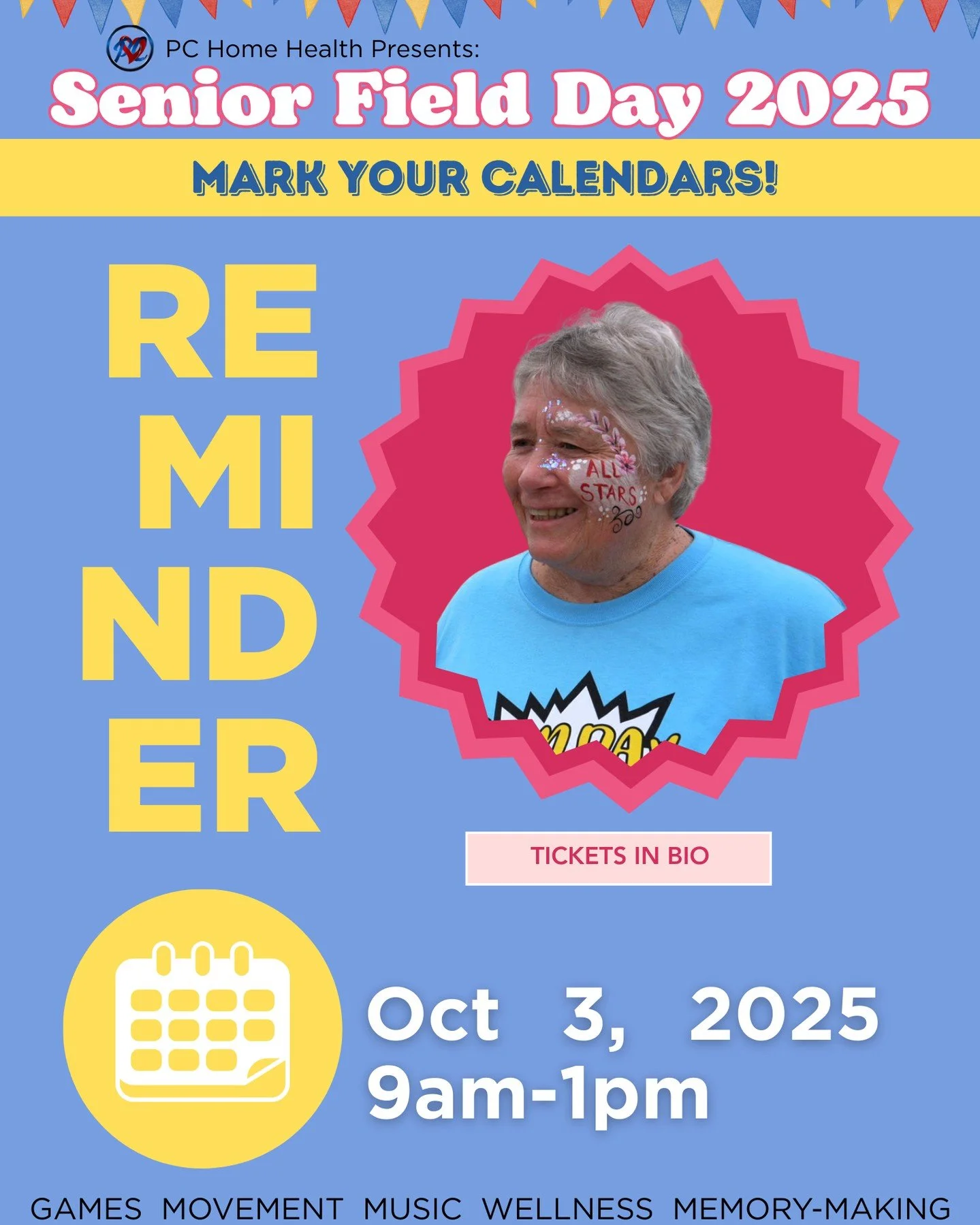 📣 REMINDER! 📣 Mark your calendars for Senior Field Day 2025 🎊🎶💃
Games, music, movement, wellness & memory-making fun await YOU! 🏀🎯🎶
📅 Oct 3 • 9AM–1PM at the DL Hopkins Senior Center
🎟 Register through our website today!
h