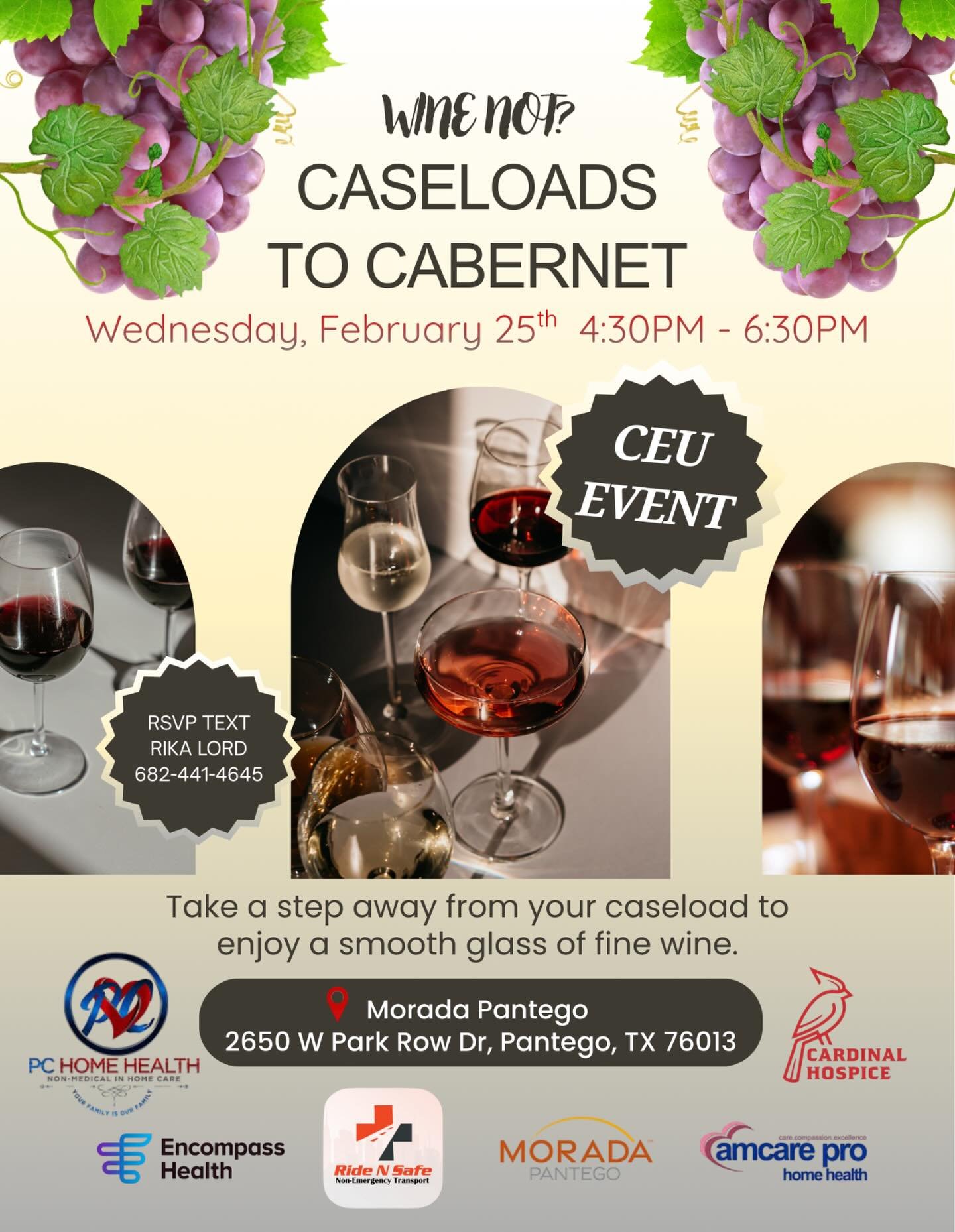 🍷 Wine Not? Caseloads to Cabernet 🍷

Take a break from the charts, calls, and caseloads&mdash;and unwind with us over a smooth glass of wine. Join fellow healthcare professionals for an evening of connection, conversation, and continuing education.