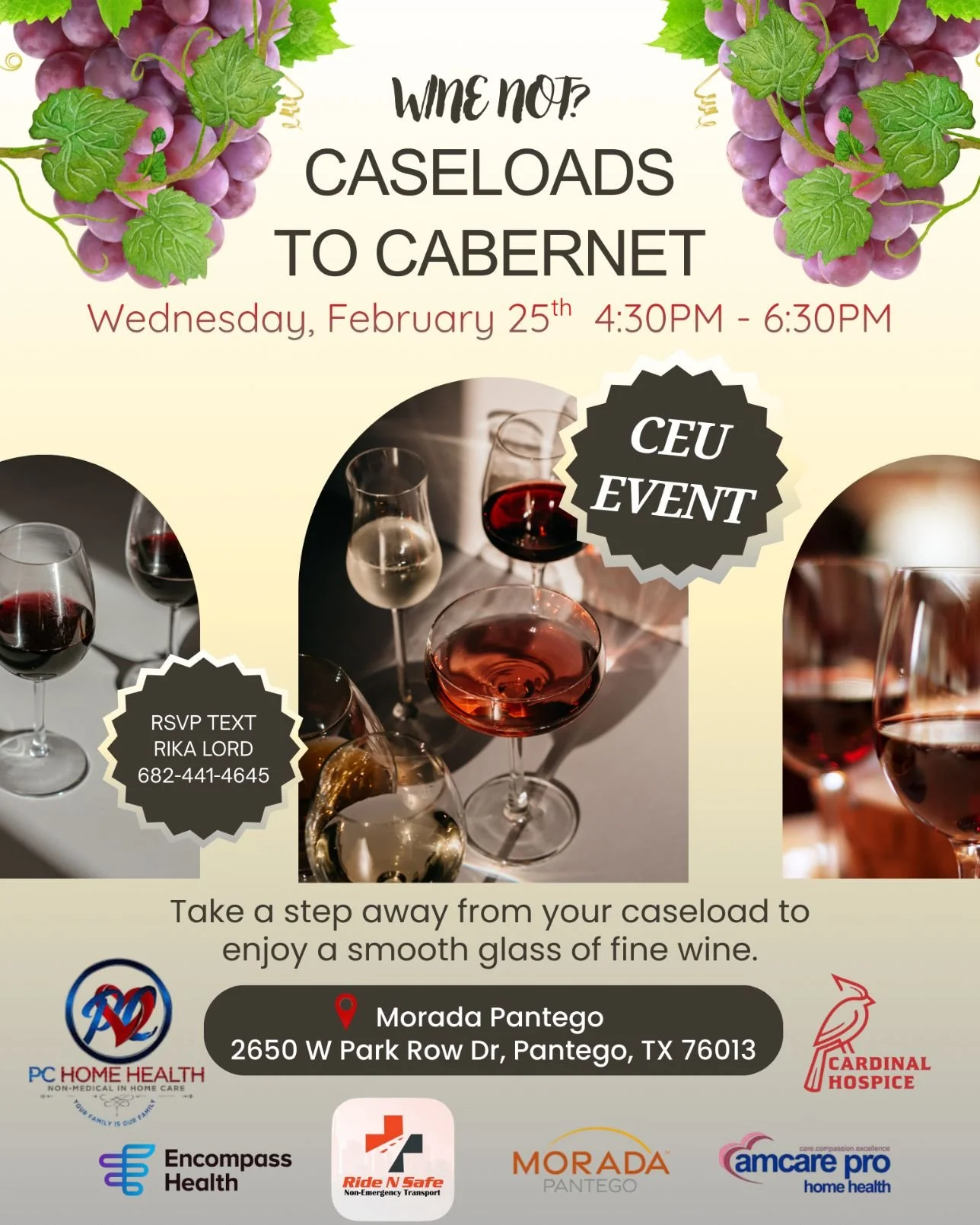 🍷 Wine Not? Caseloads to Cabernet 🍷

So excited to see you all TODAY!! 

📅 Wednesday, February 25th
⏰ 4:30 PM &ndash; 6:30 PM
📍 Morada Pantego | Pantego, TX

Because you deserve a moment to pour into yourself too. 🥂

#WineNot #CaseloadsToCaberne
