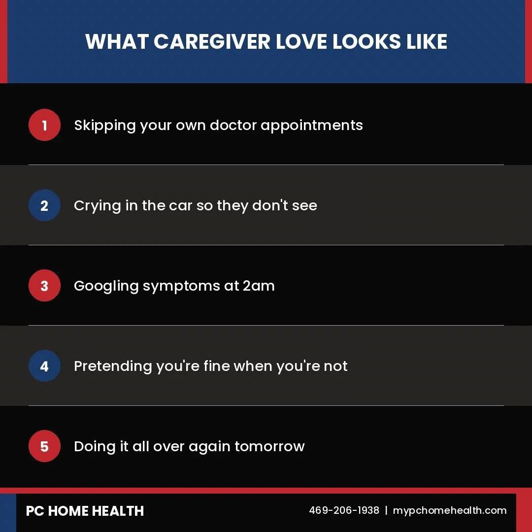 Caregiver love doesn't look like the movies.

It doesn't look like a grand gesture or a tearful speech. It looks like this:

Skipping your own doctor appointments because you don't have time.

Crying quietly in the car on the drive home so they don't