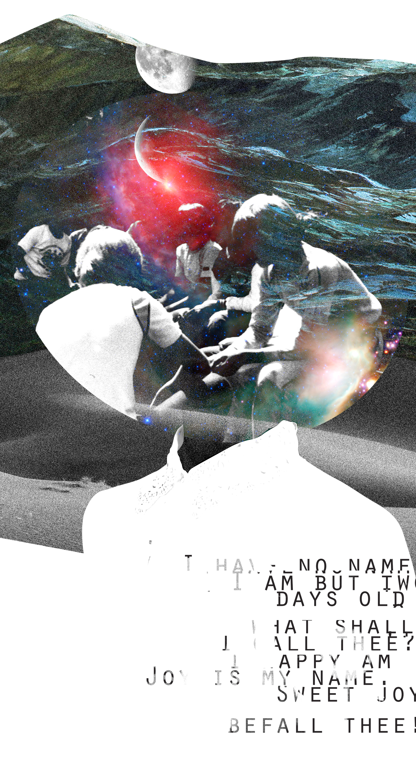 A surreal collage combining black and white children engaged in an activity, cosmic elements like planets and stars, and a night sky with a bright moon, with partially obscured text overlaying the bottom.