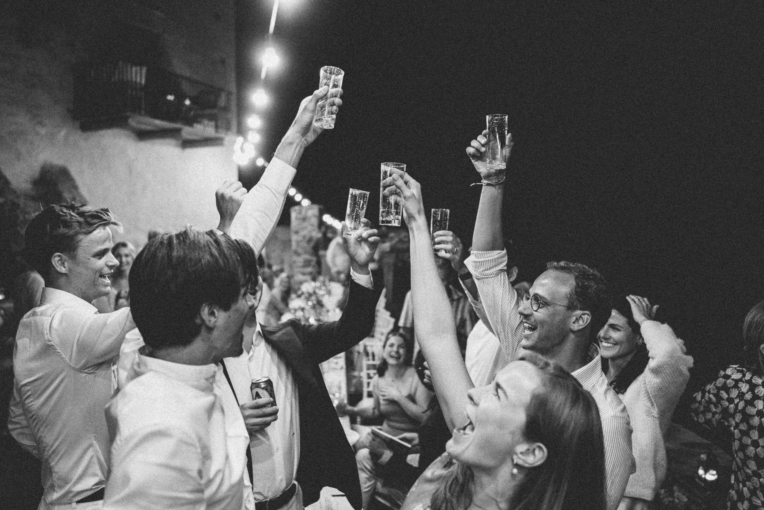Group of people celebrating with toast at a party or gathering, raising glasses and smiling.