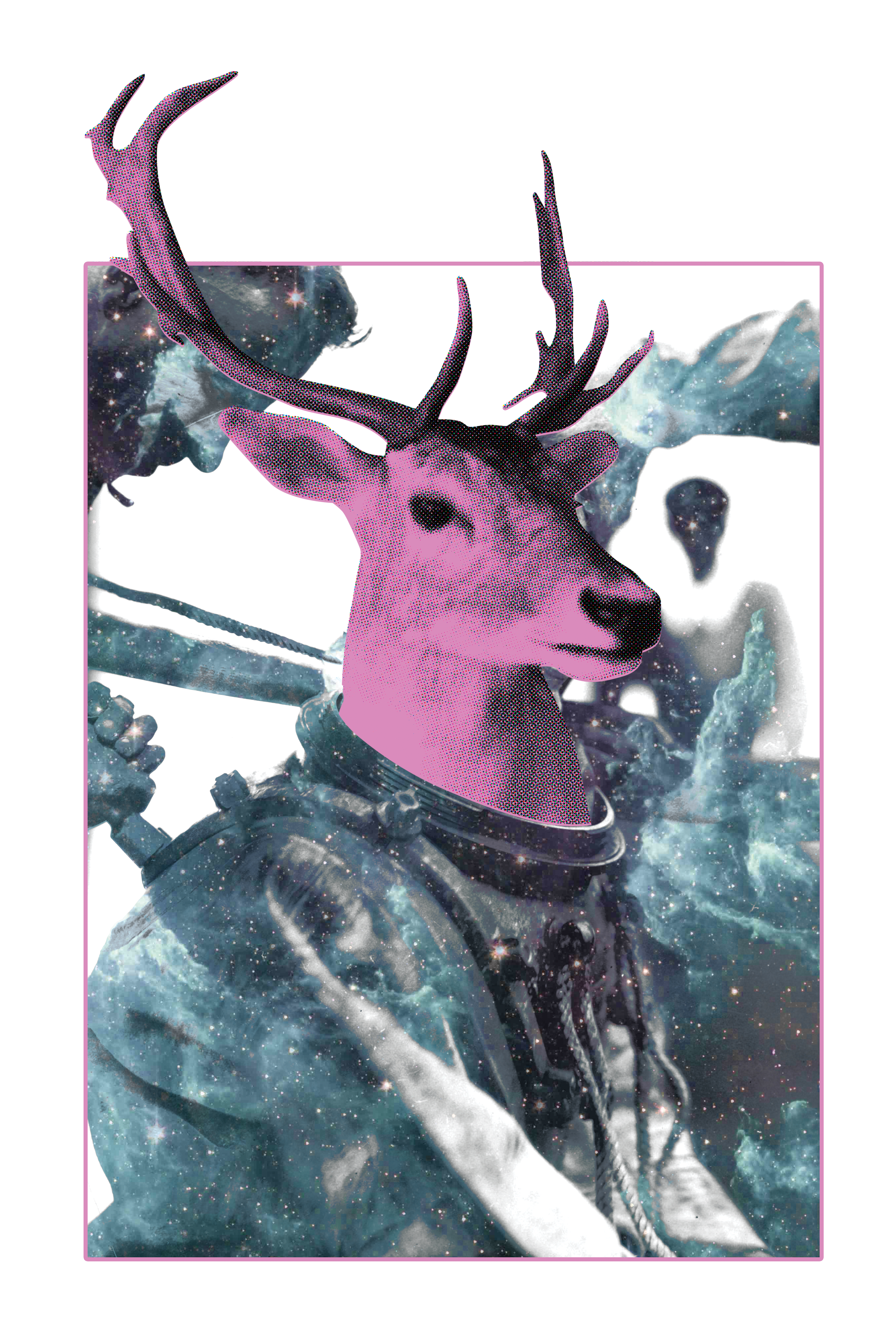 A surreal image of a humanoid figure with a deer head and antlers, in a space-themed environment with stars and nebulae. The figure is wearing an astronaut suit, and the background includes cosmic elements and a floating rock.