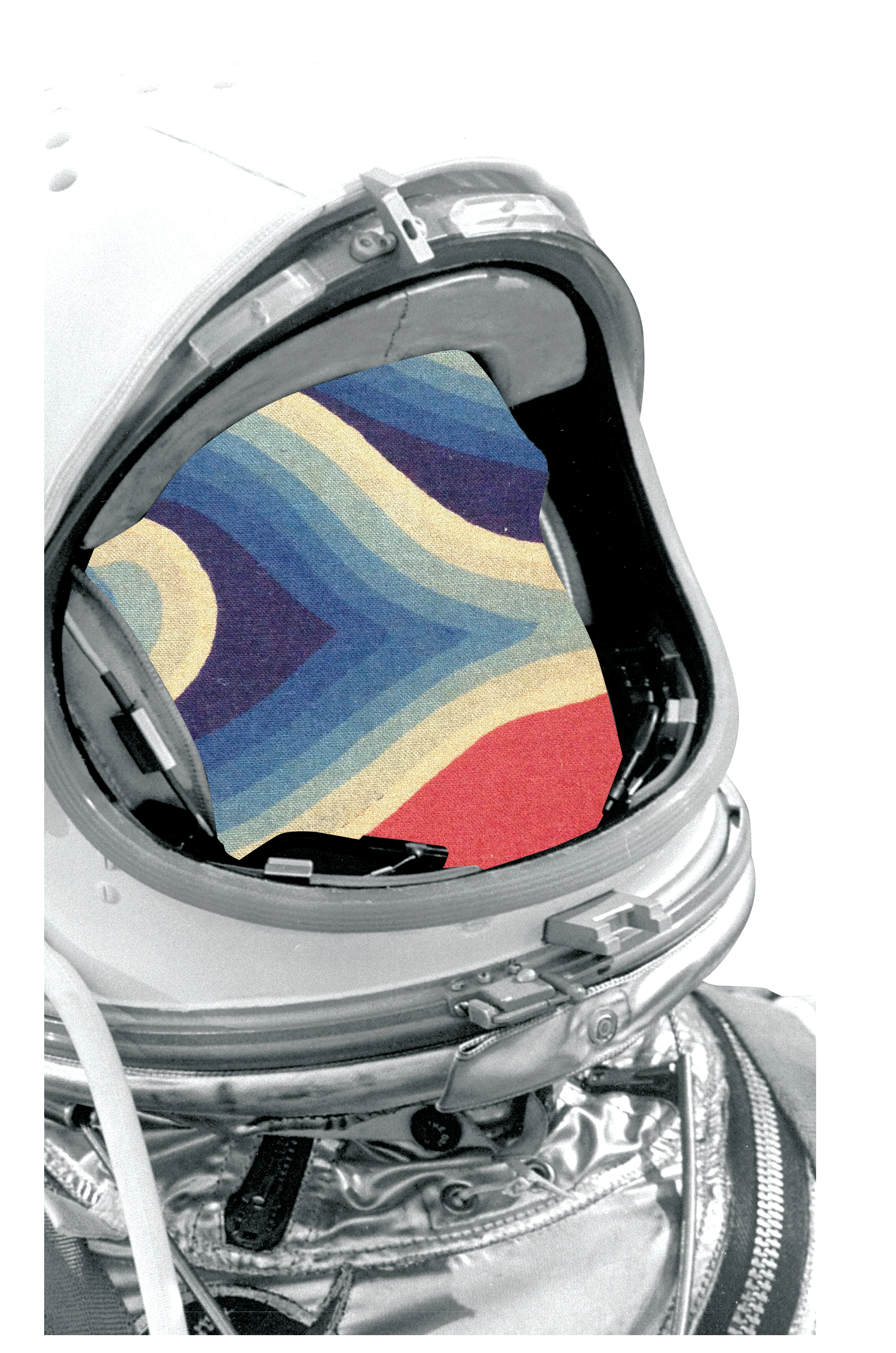 Close-up of an astronaut helmet with a colorful, abstract patterned fabric inside instead of a visor reflection.