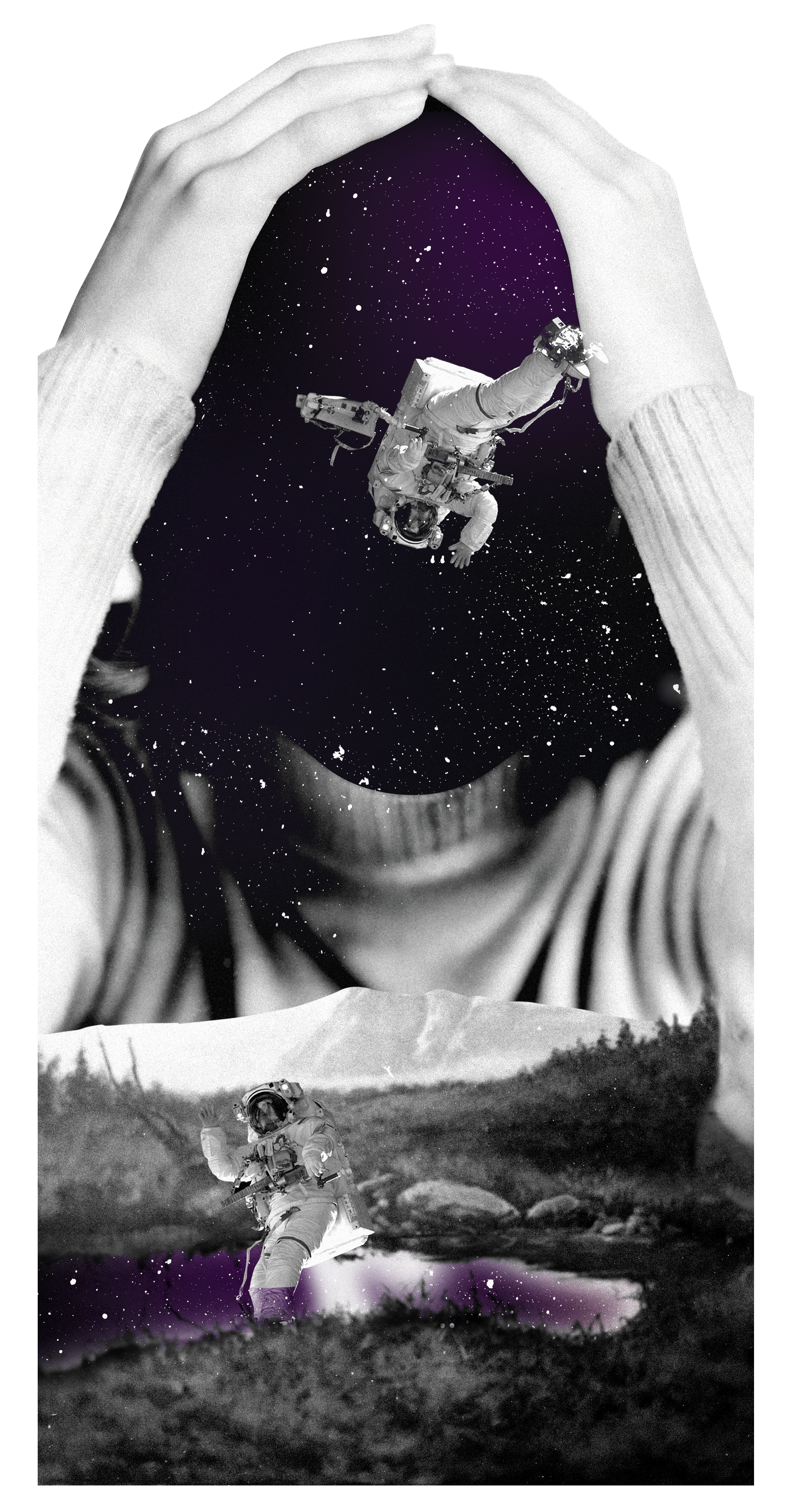 A surreal collage featuring a person with a large cutout of hands around their face, with space and an astronaut in the background, blending fields and landscape.