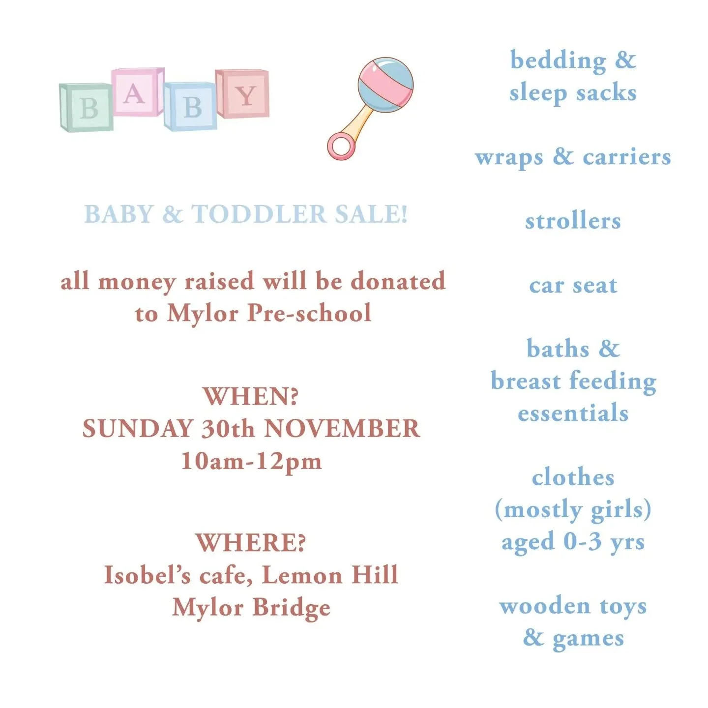 The wonderful @isobelsmylor is putting on a Baby &amp; Toddler Sale this morning, Sunday 30th November, from 10am - 12pm, with all money raised being donated to our lovely little preschool! 

It's moments like these that make you realise how wonderfu
