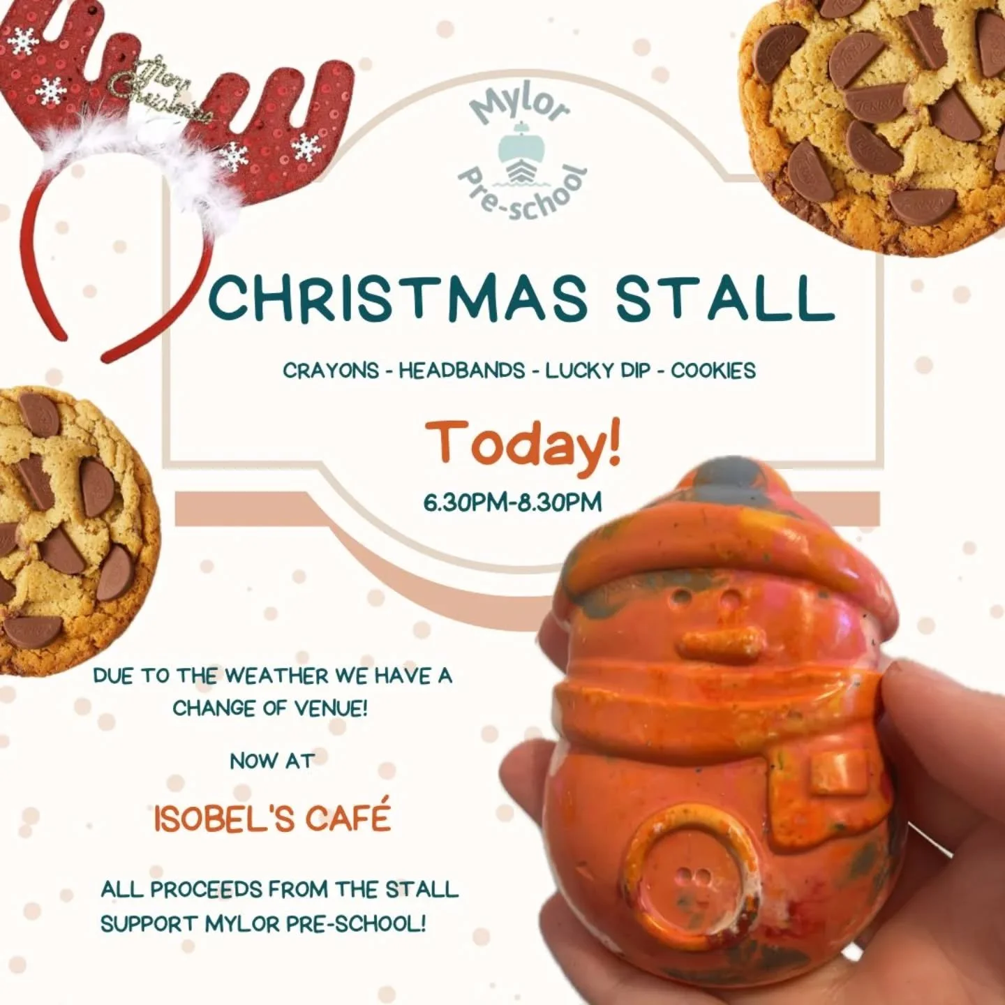 Due to the weather, we have a change of venue for our preschool Christmas Stall! We will be in @isobelsmylor from 6.30pm this evening selling Christmas headgear, recycled crayons (perfect stocking fillers!), cookies and raffle tickets for our Christm