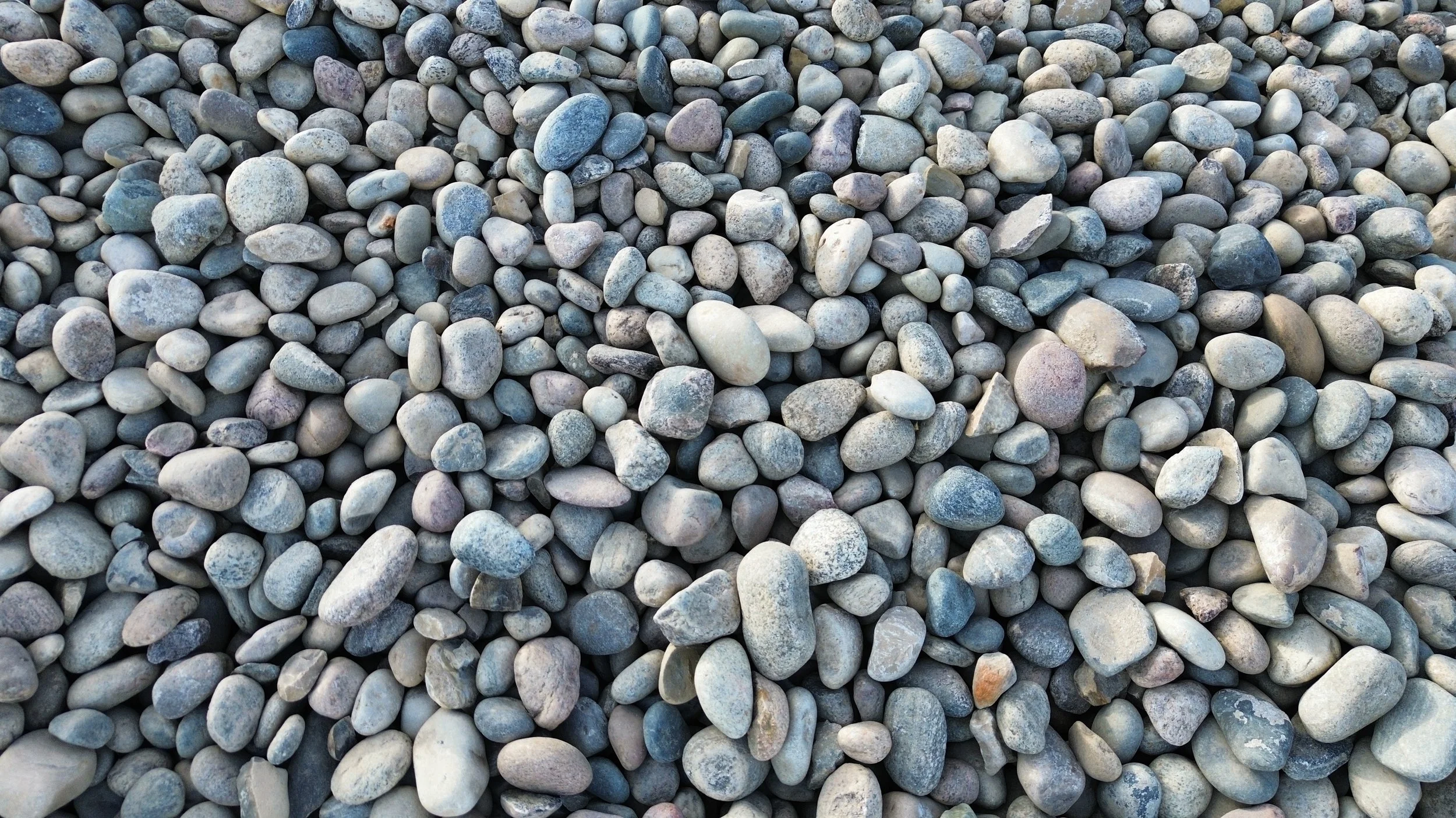 A large collection of smooth, rounded pebbles in shades of gray, beige, and light brown covering the ground.