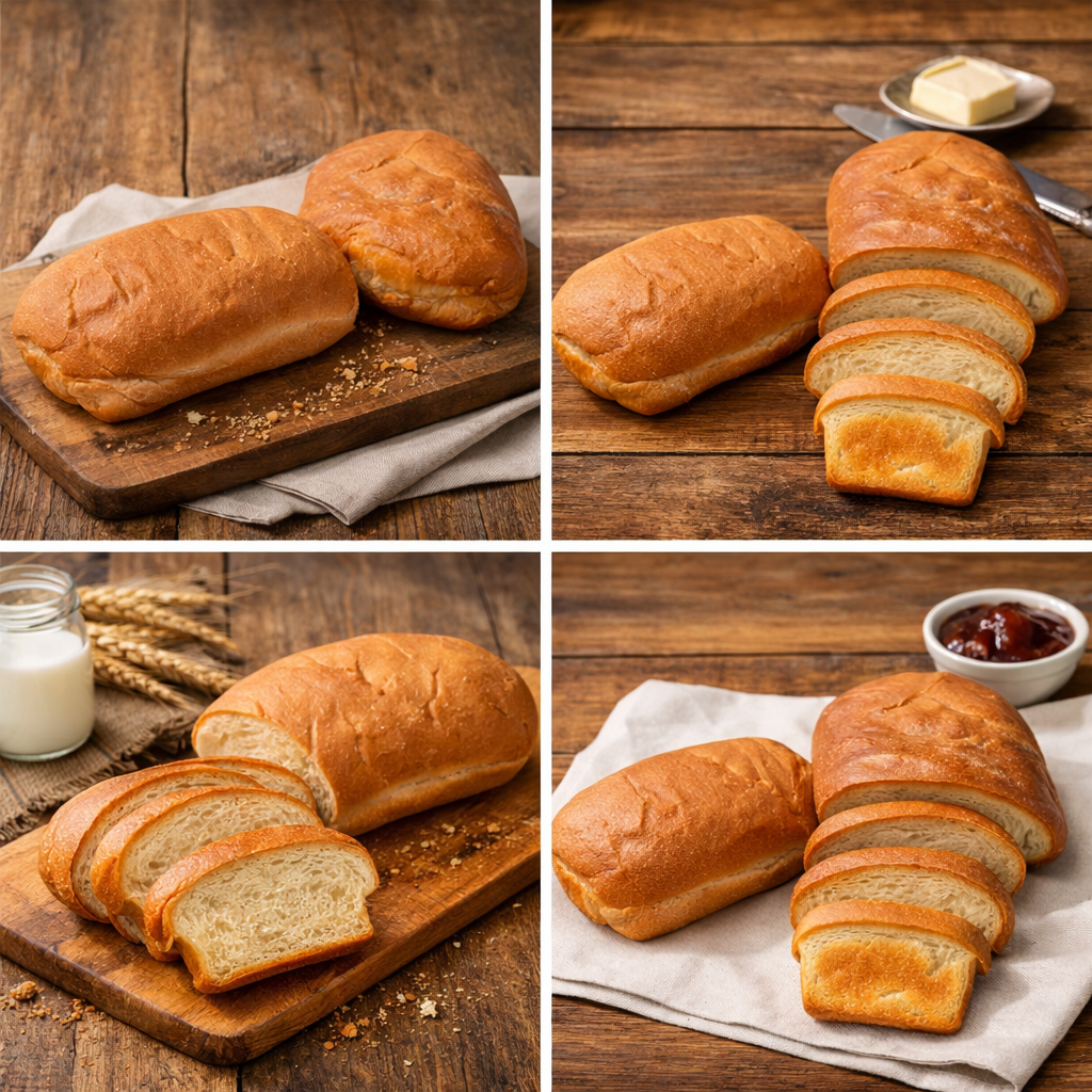Four images of bread: top left shows two uncut bread loaves on a wooden cutting board; top right with one cut loaf, sliced pieces, and a butter knife with butter; bottom left with one sliced loaf, bread slices, milk, and wheat on a wooden board; bottom right with sliced bread and a bowl of jam on a cloth napkin.