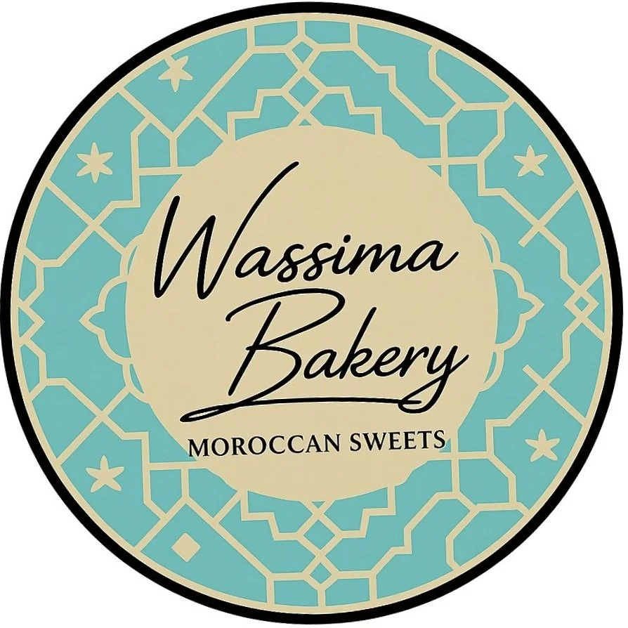 A circular logo for Nassima Bakery featuring a Moroccan-inspired geometric pattern in blue and beige, with the text "Nassima Bakery" and "Moroccan Sweets" in black.