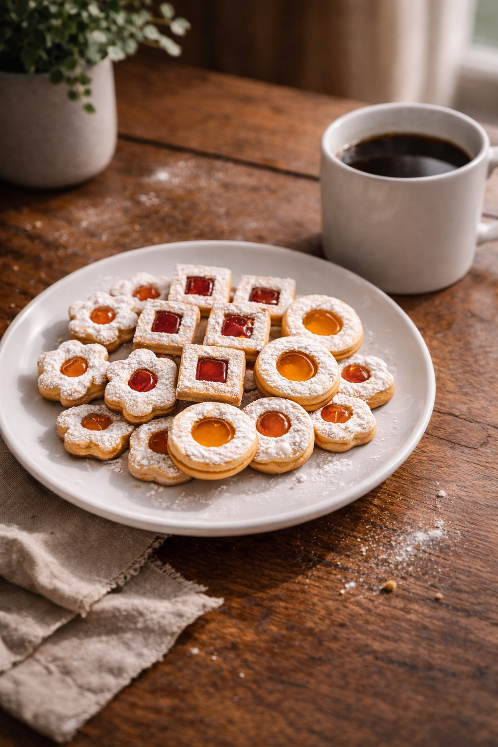 A white plate of assorted cookies with powdered sugar, some with jelly centers, placed on a wooden table. A white cup of black coffee is nearby, and there is a vase with white flowers in the background.