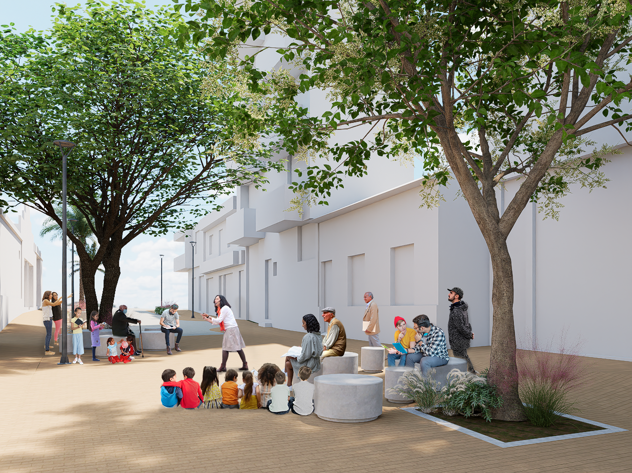 Render del agora central propuesta en el pasaje de la carrera 43