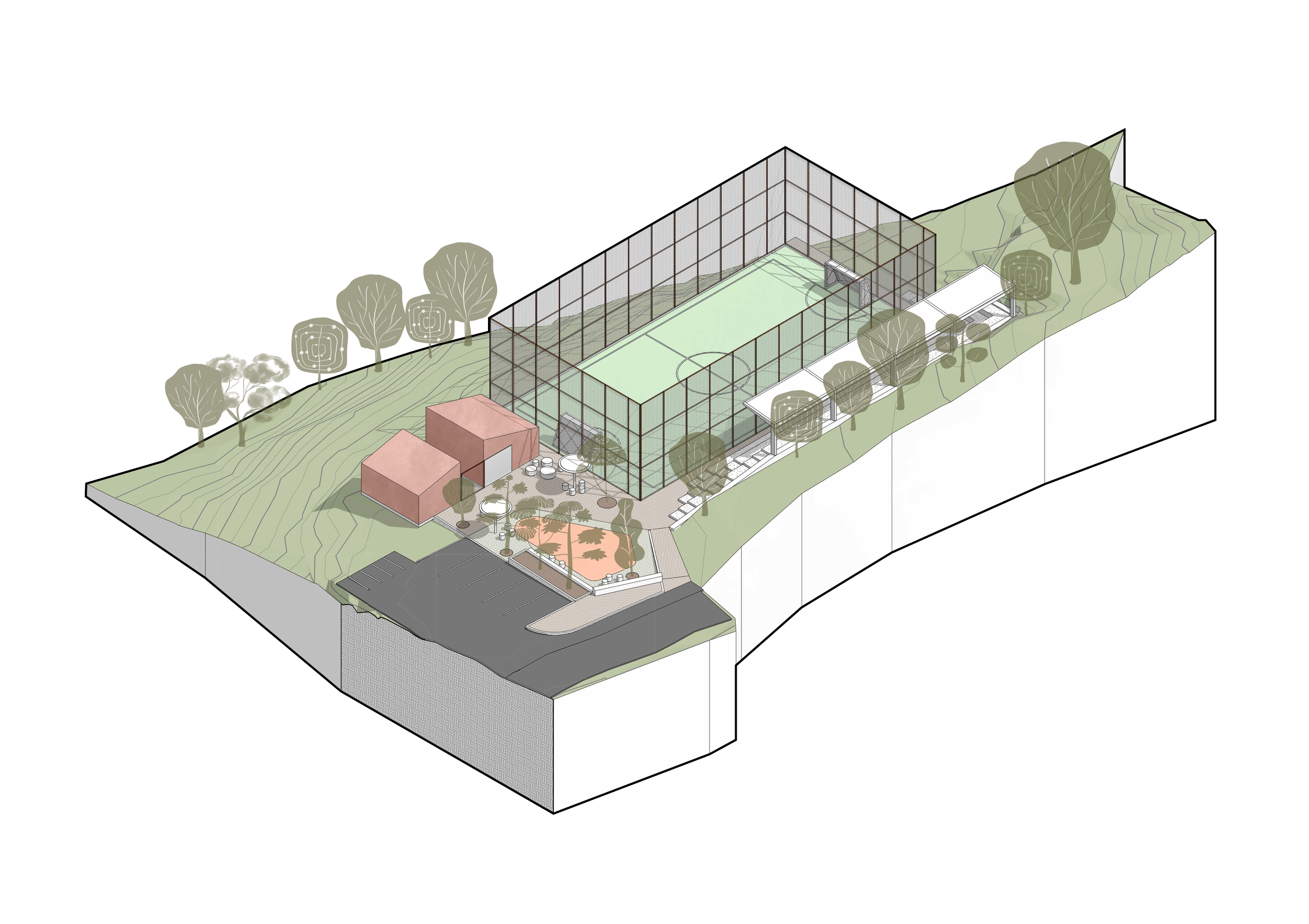 Isometrico sur de la propuesta para la cancha del Alto de las Flores.