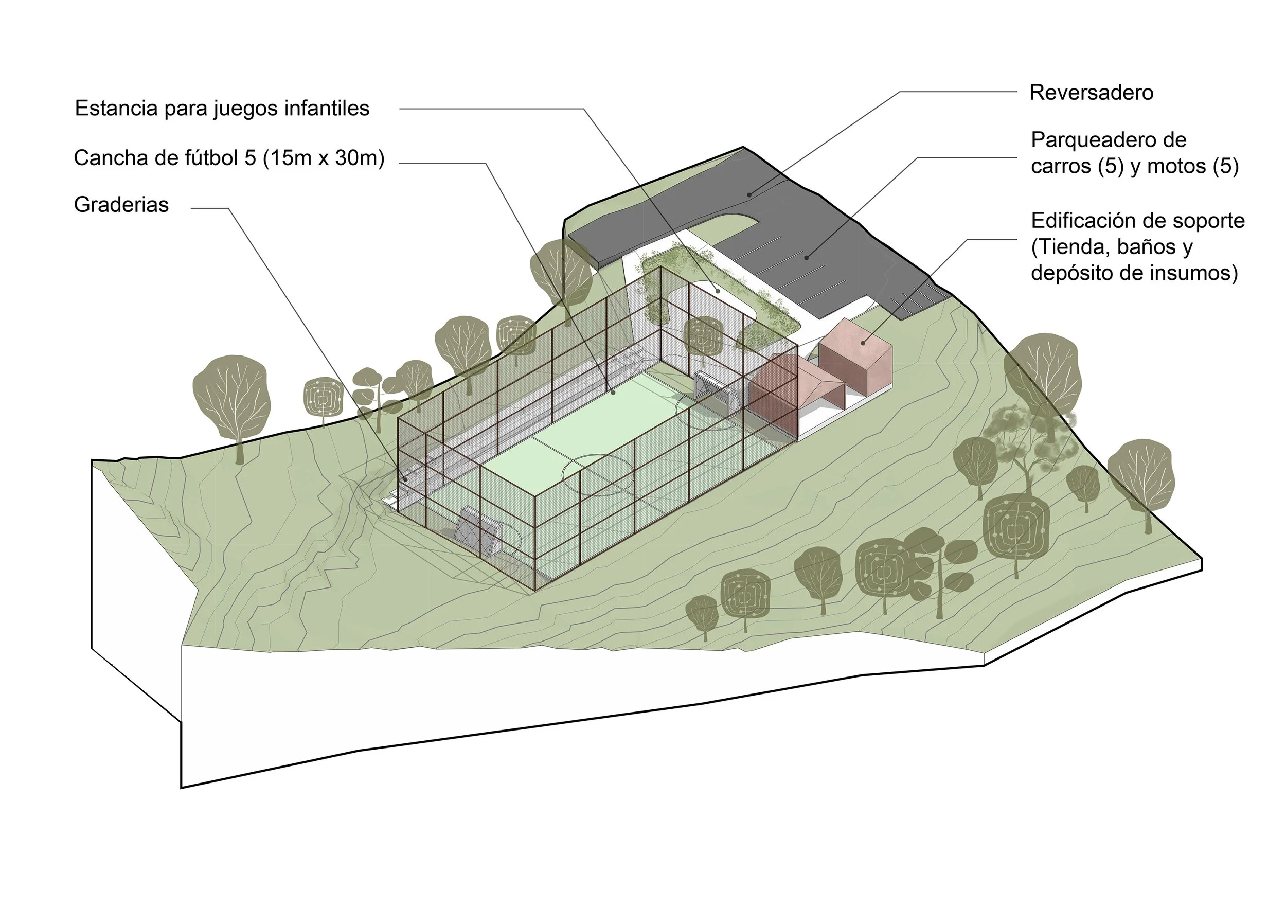 Volumetría de la propuesta de la cancha para el Alto de las flores