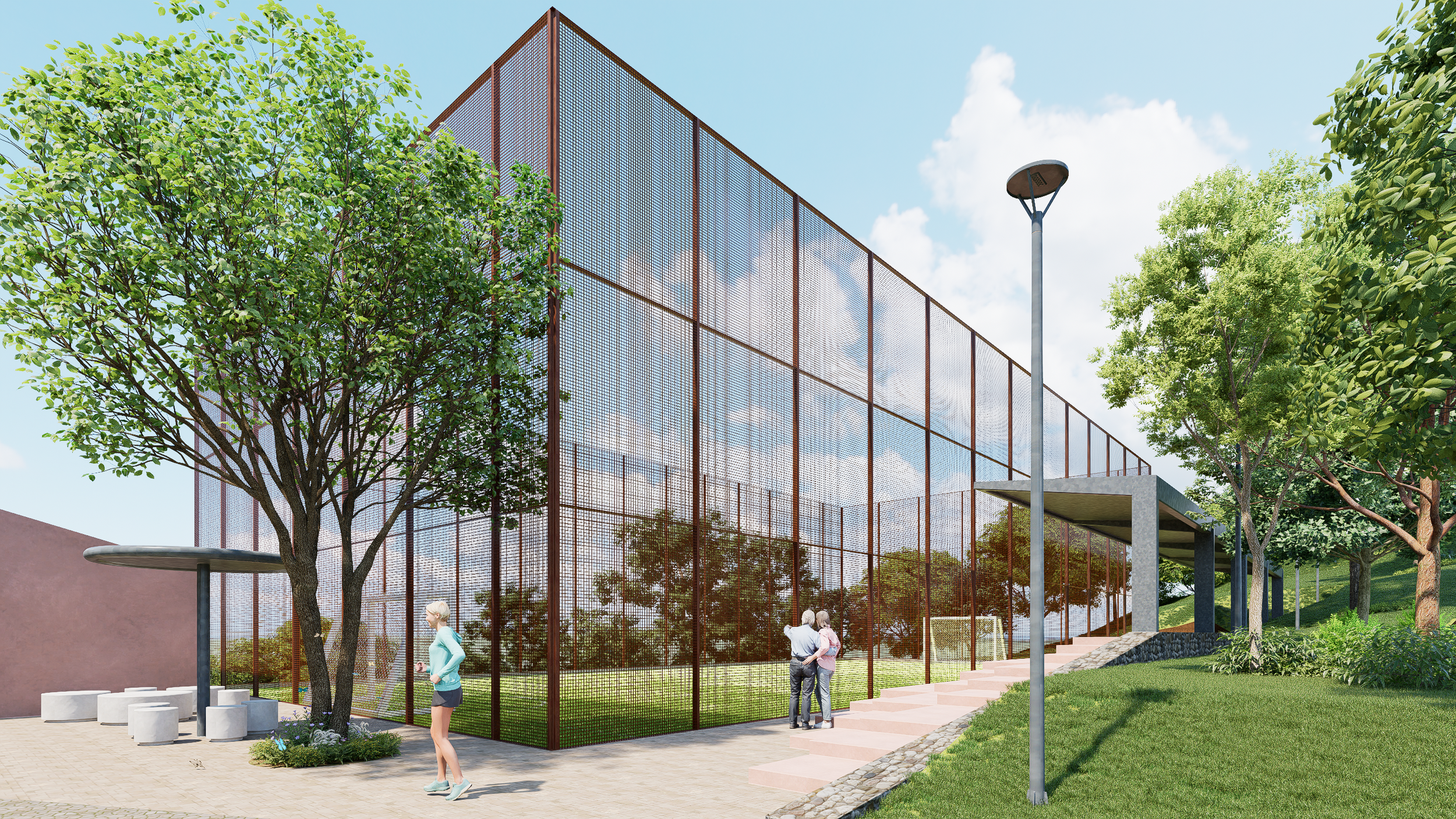 Render del cerramiento y la cancha del Alto de las Flores