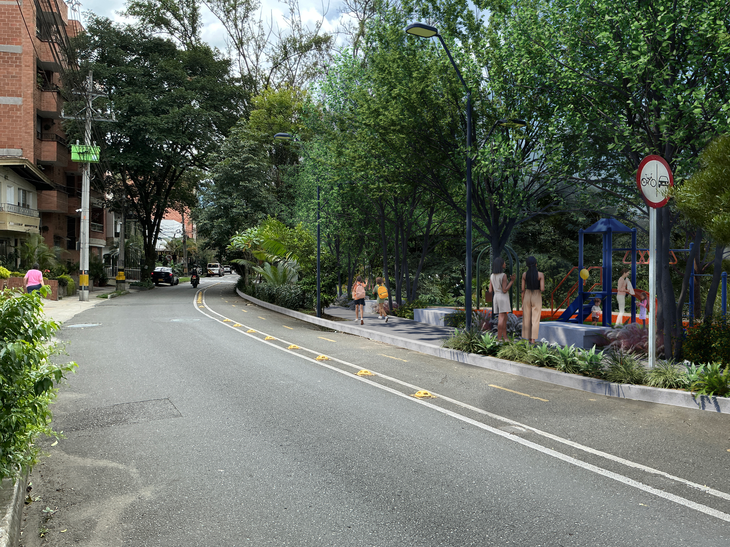 Imaginario después de la intervención, sin el cerramiento y mejorando los juegos infantiles del parque el Mirador.