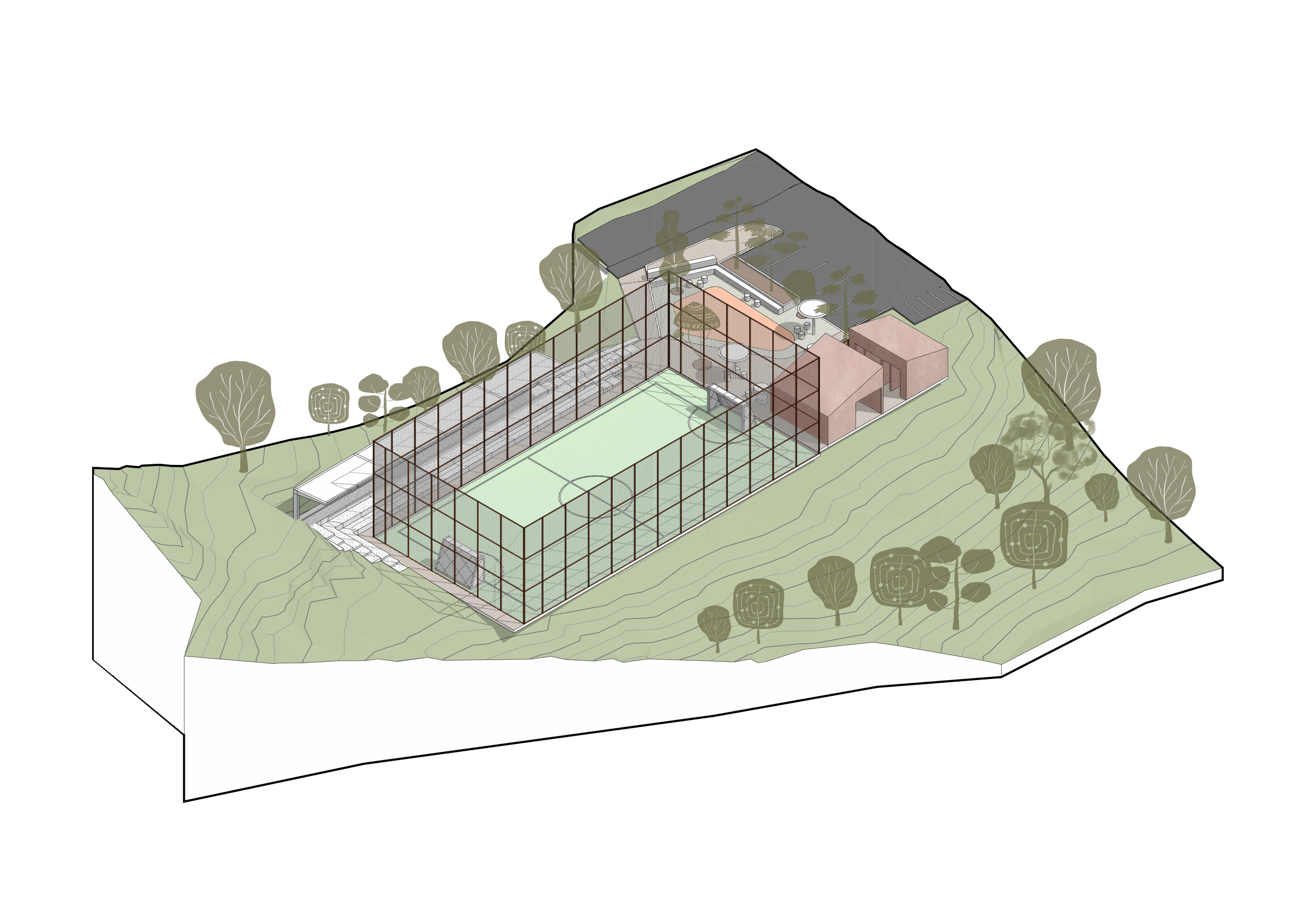 Isometrico norte de la propuesta para la cancha del Alto de las Flores.