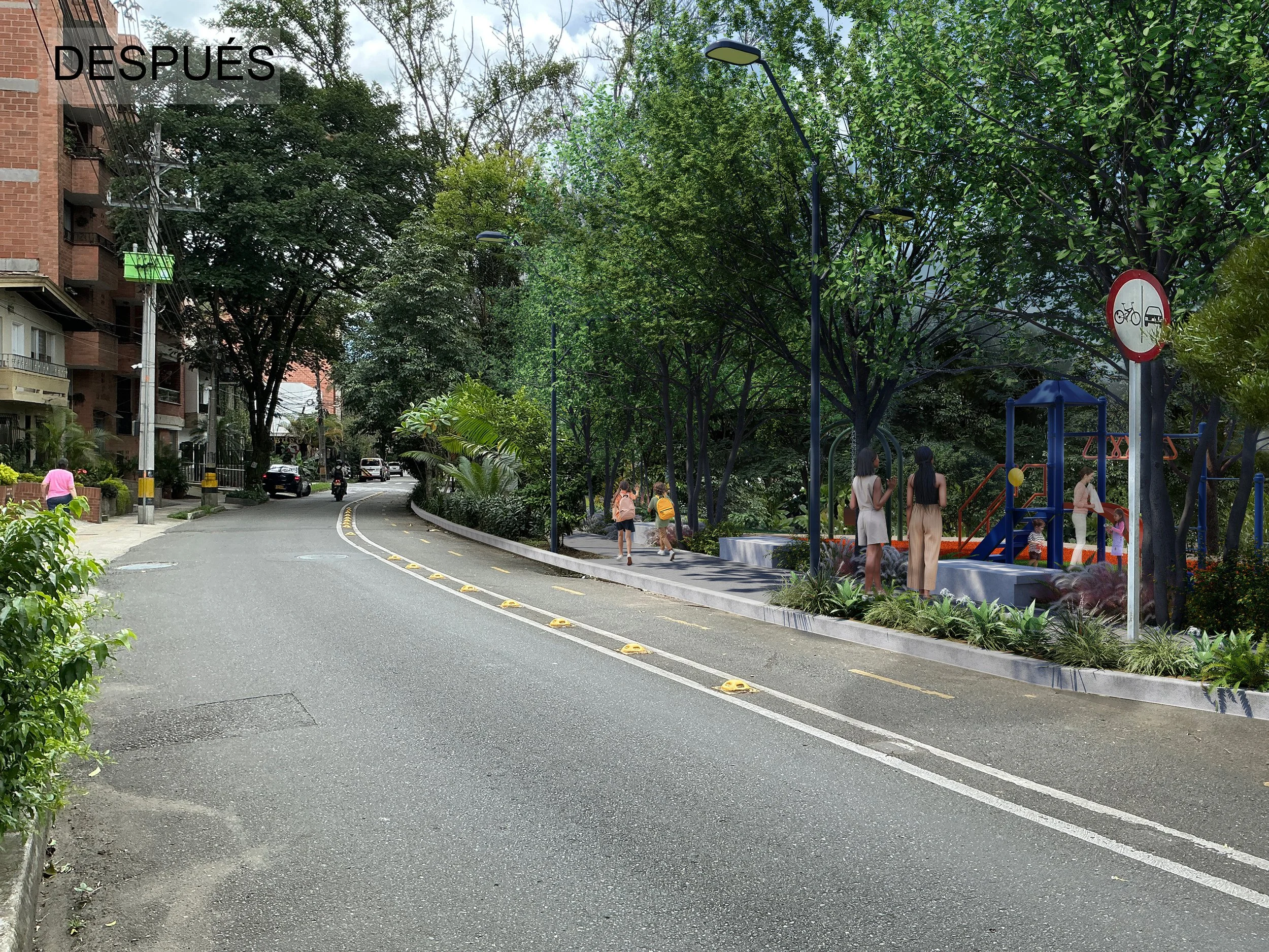 Imaginario después de la intervención, sin el cerramiento y mejorando los juegos infantiles del parque el Mirador.