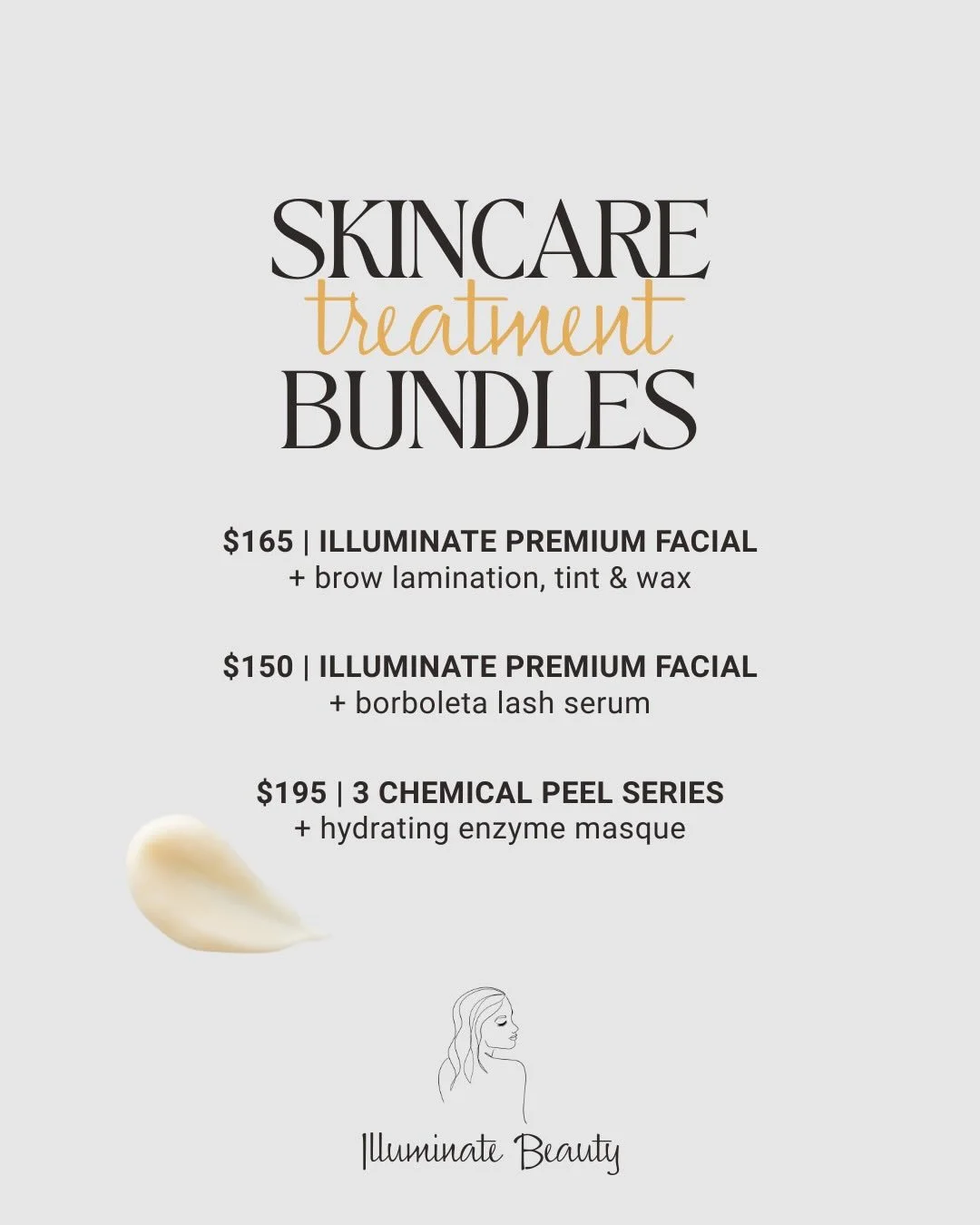 Some bundles for you to get yourself ready for Christmas! The Illuminate facials are relaxing, and are focused on giving your skin a fresh plumping Christmas glow ✨ 

Partnered with a lash serum or brow services, and a free gift with purchase! 

Or g