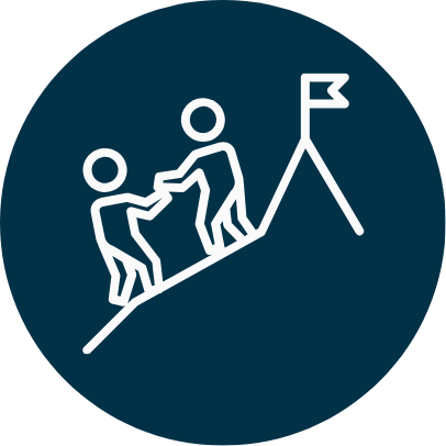 Illustration of one person helping another climb up a slope towards a flag on top.