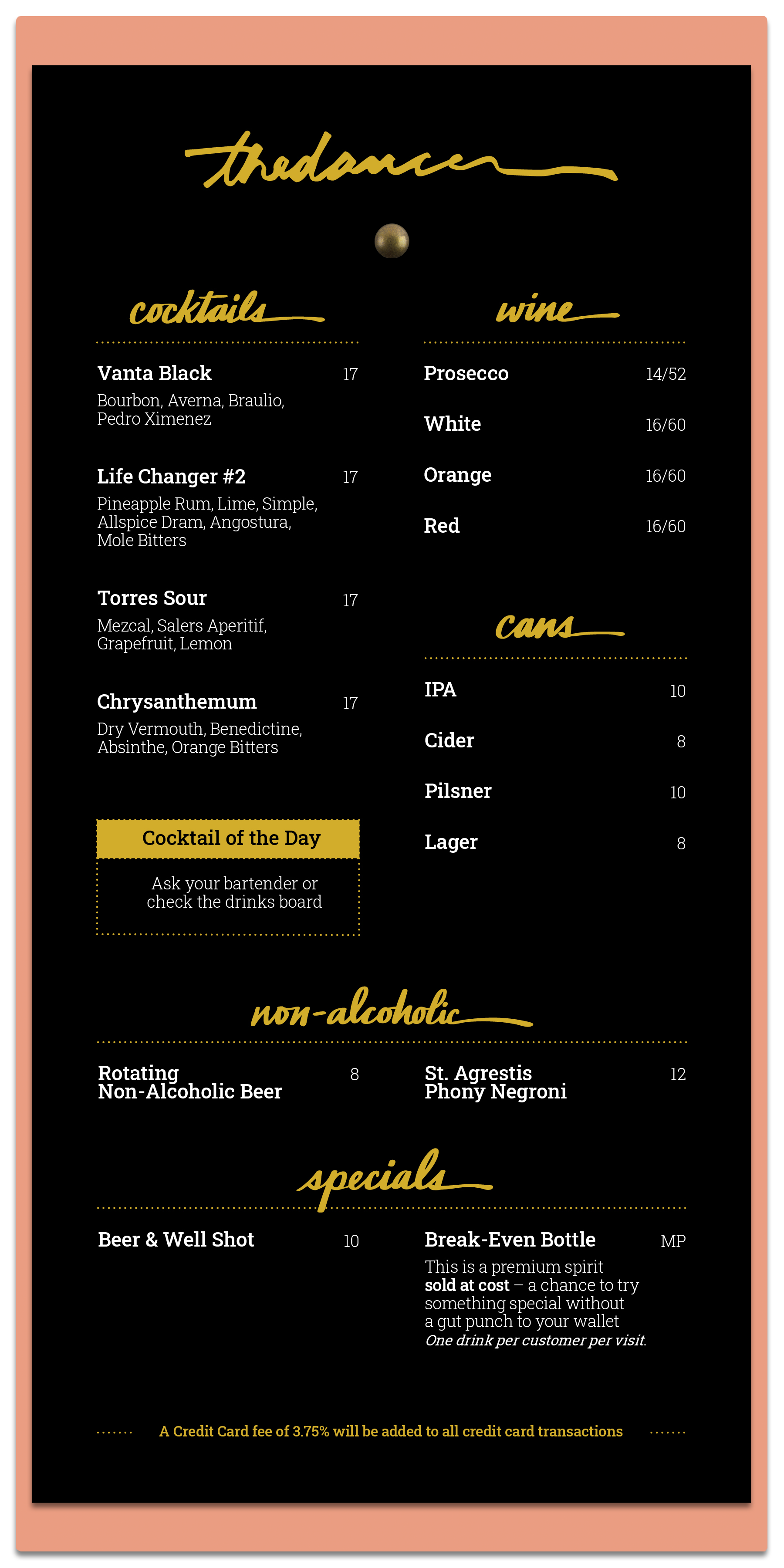 The Dancer menu of cocktails, wine, cans, non-alcoholic beverages. and specials.