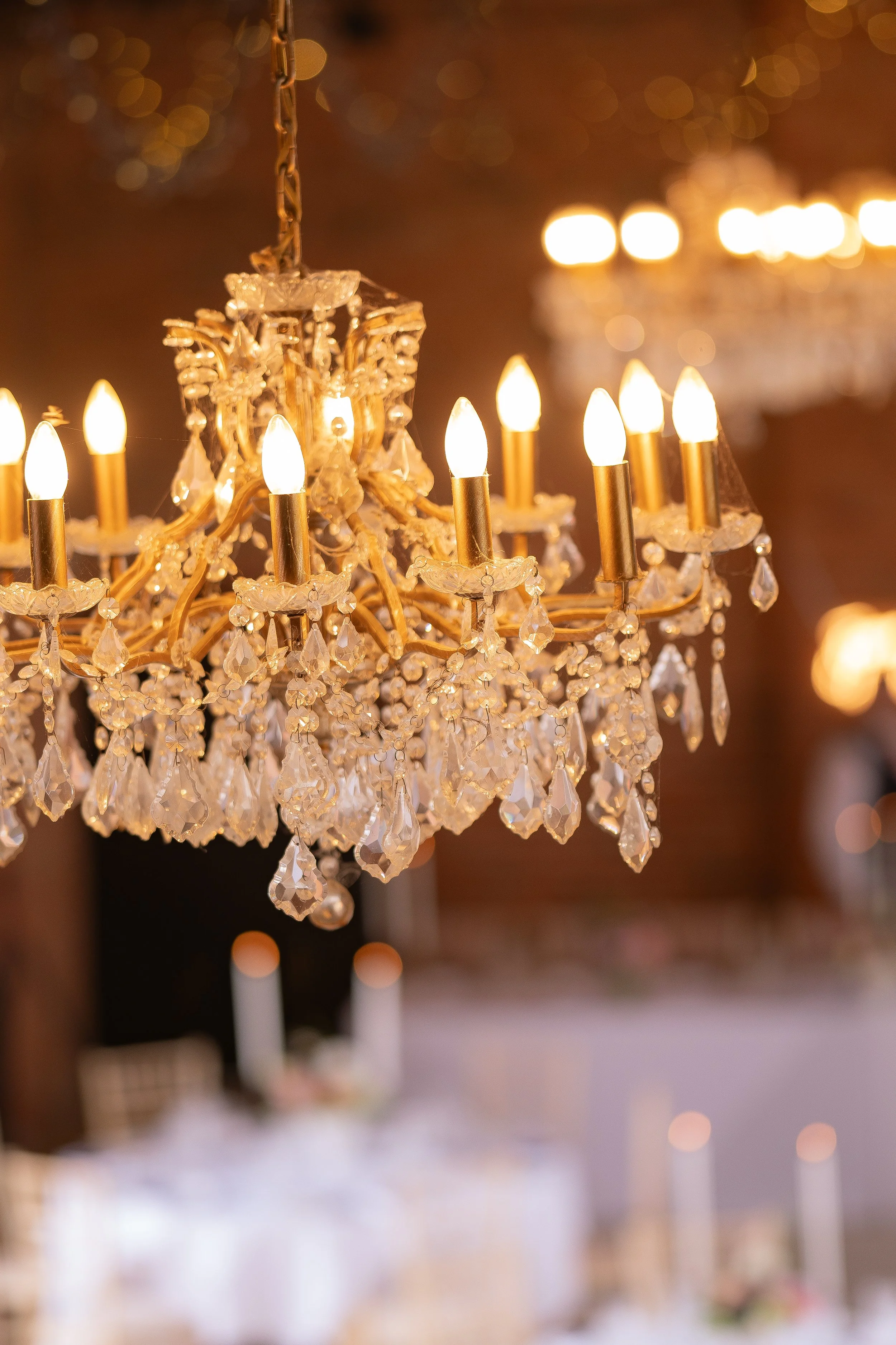 Close-up of an ornate crystal chandelier with lit bulbs, hanging in a warmly lit room with a blurry background.