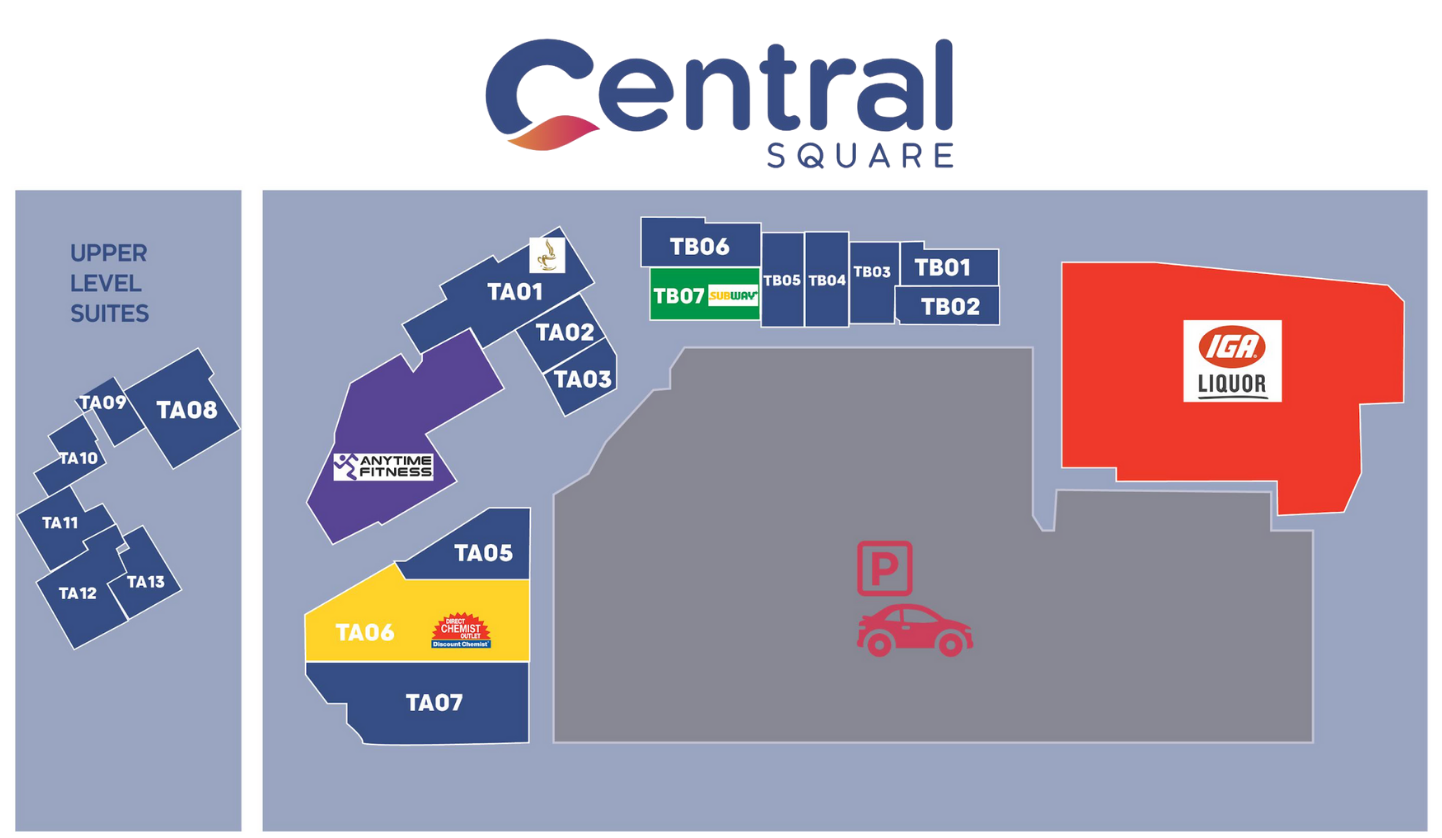 A map of Central Square shopping center showing store locations, with a parking lot, liquor store, and various retail outlets, including Subway and Discount Chemist.