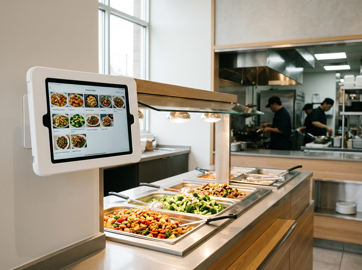 Buffet line with trays of vegetables and dishes, digital touchscreen menu showing food options, restaurant kitchen in background with chefs preparing food.