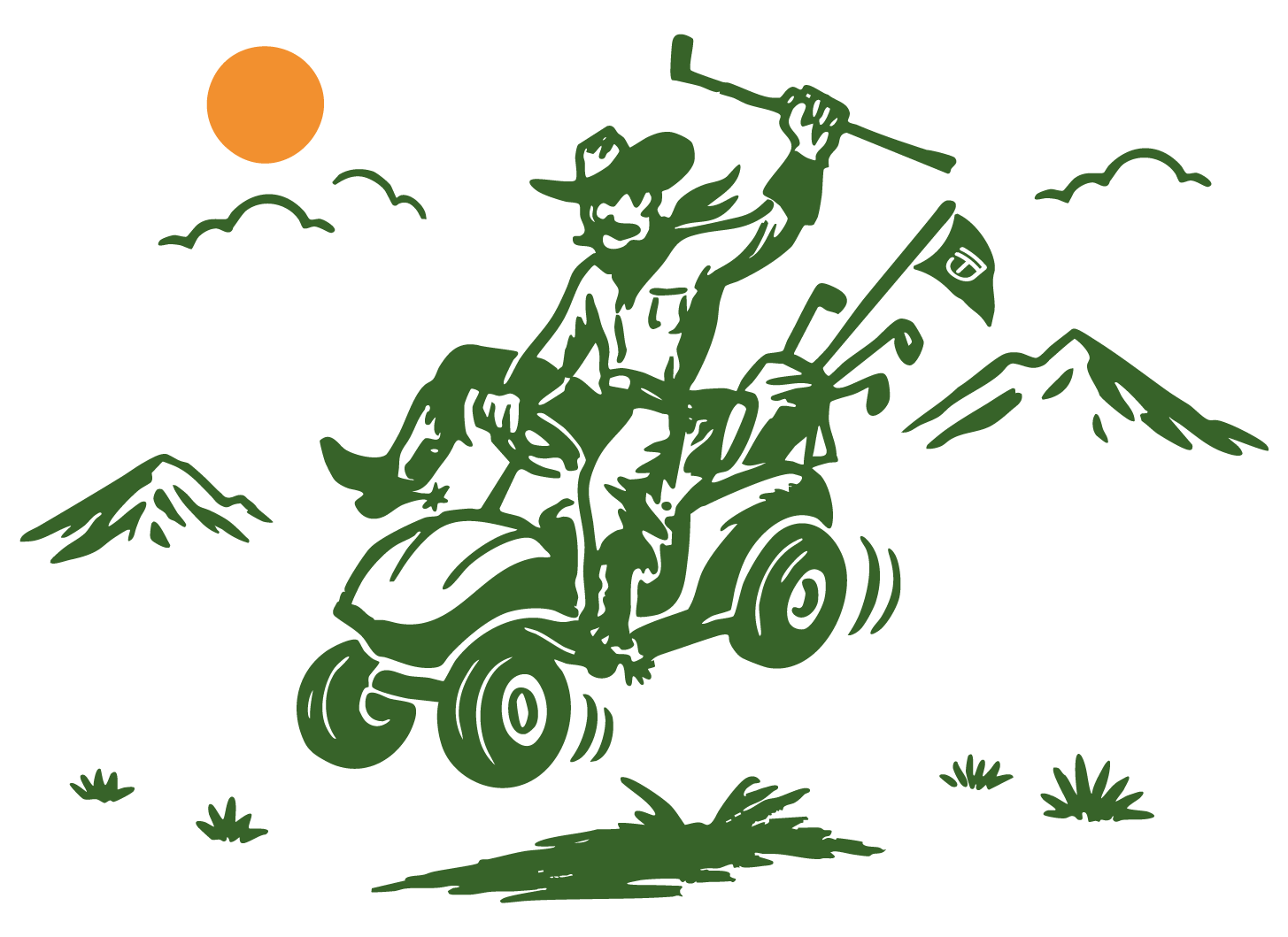 A cartoon illustration of a cowboy riding a green golf cart, holding a golf club, with mountains and the sun in the background.