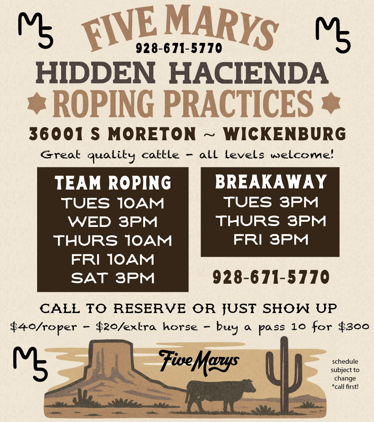Roping Schedule December-February Hidden Hacienda