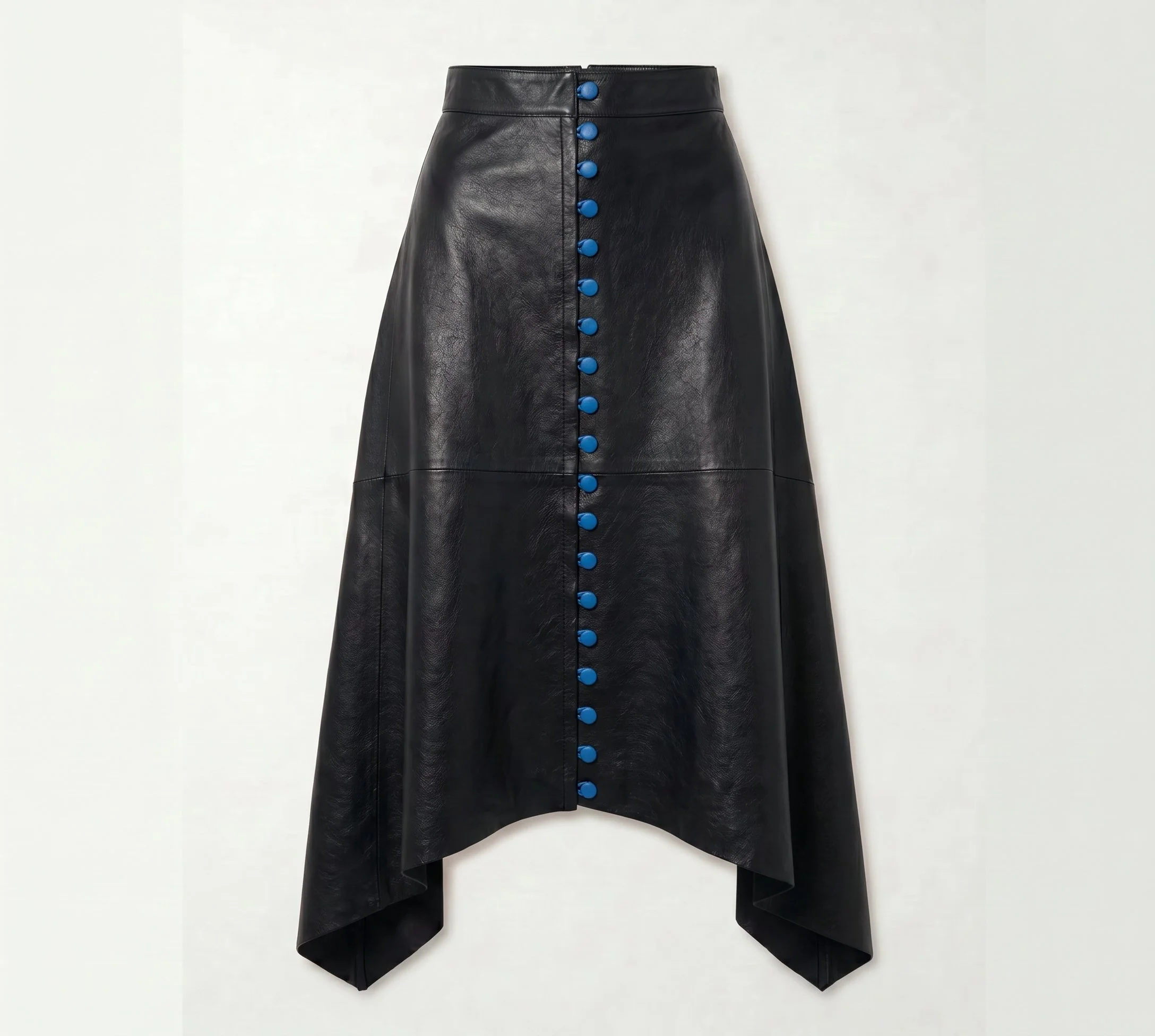 Dave leather skirt in black w blue buttons.png