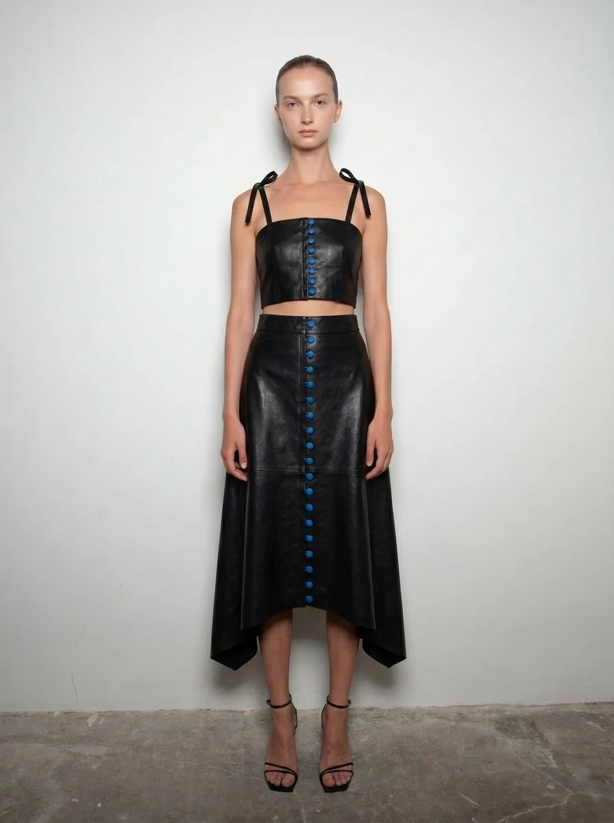 Judy top Dave skirt black leather blue buttons.png