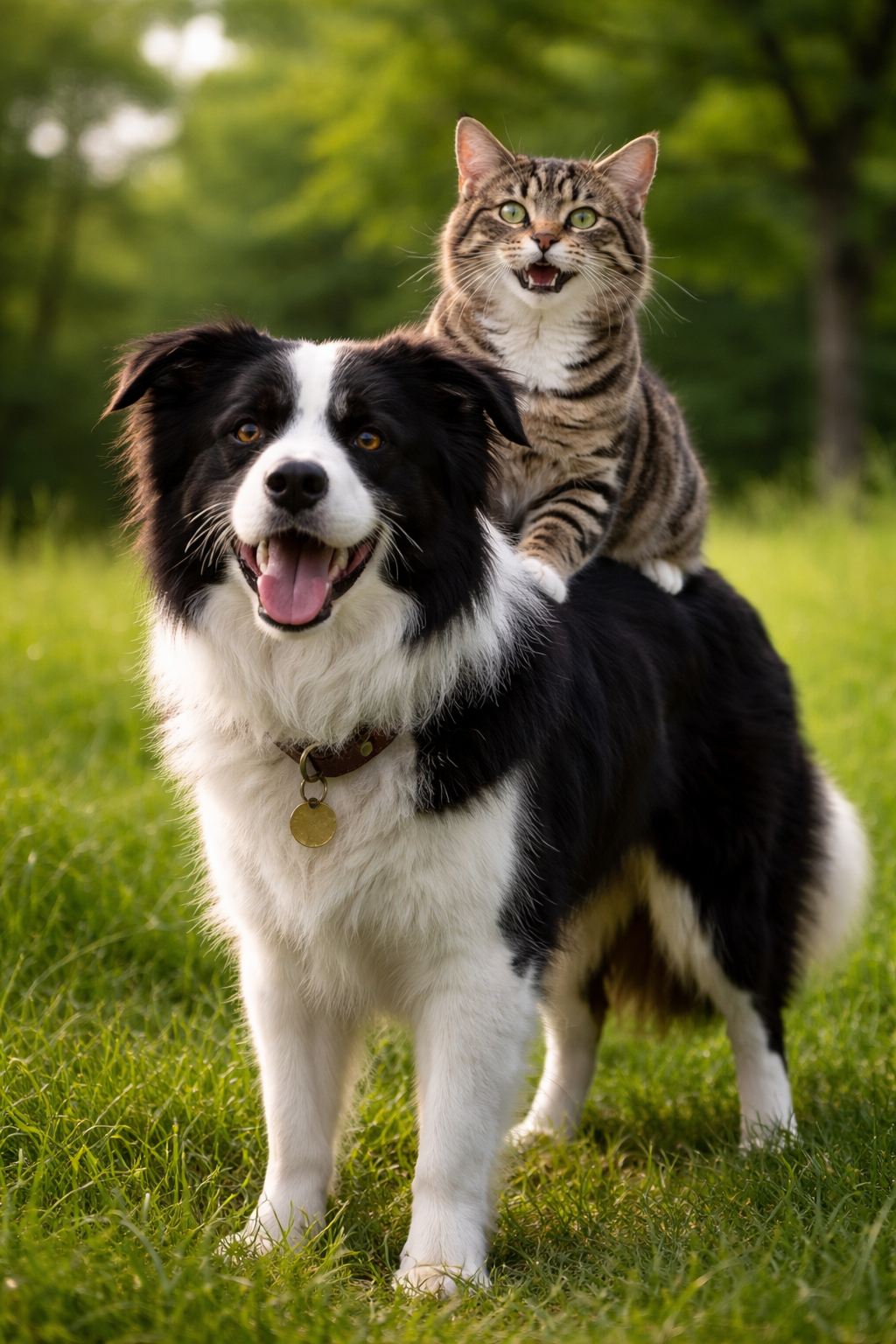 A black and white dog with a happy expression and a tabby cat with green eyes sitting on its back in a grassy area with trees in the background.