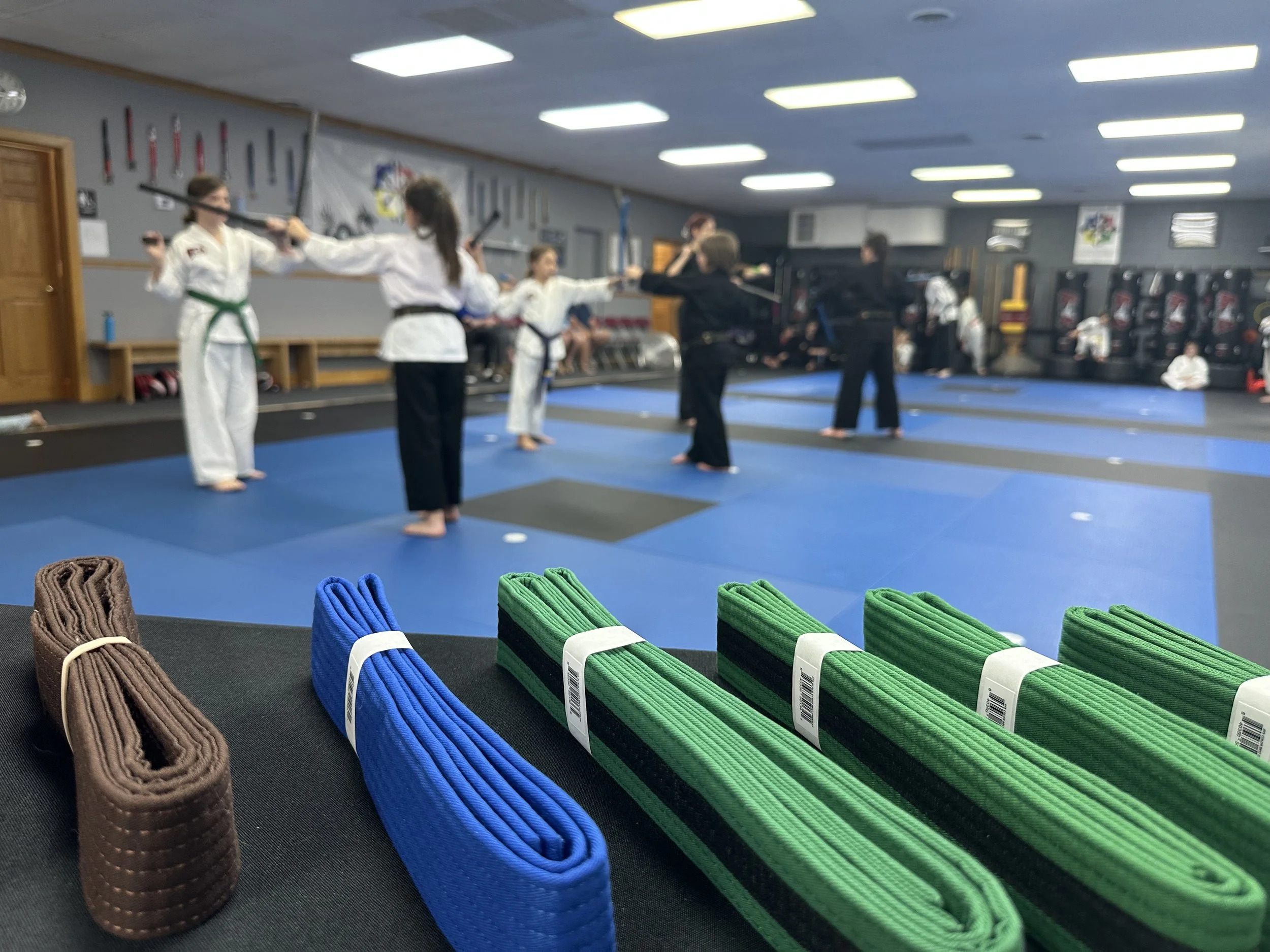 Colorful martial arts belts in brown, blue, and green laid out on a table with students practicing martial arts in gis in a dojo in the background.