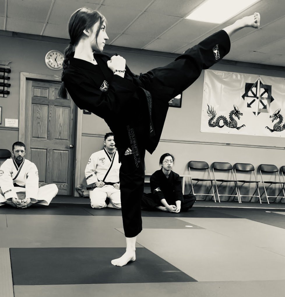 Martial artist performing high kick with onlookers in dojo