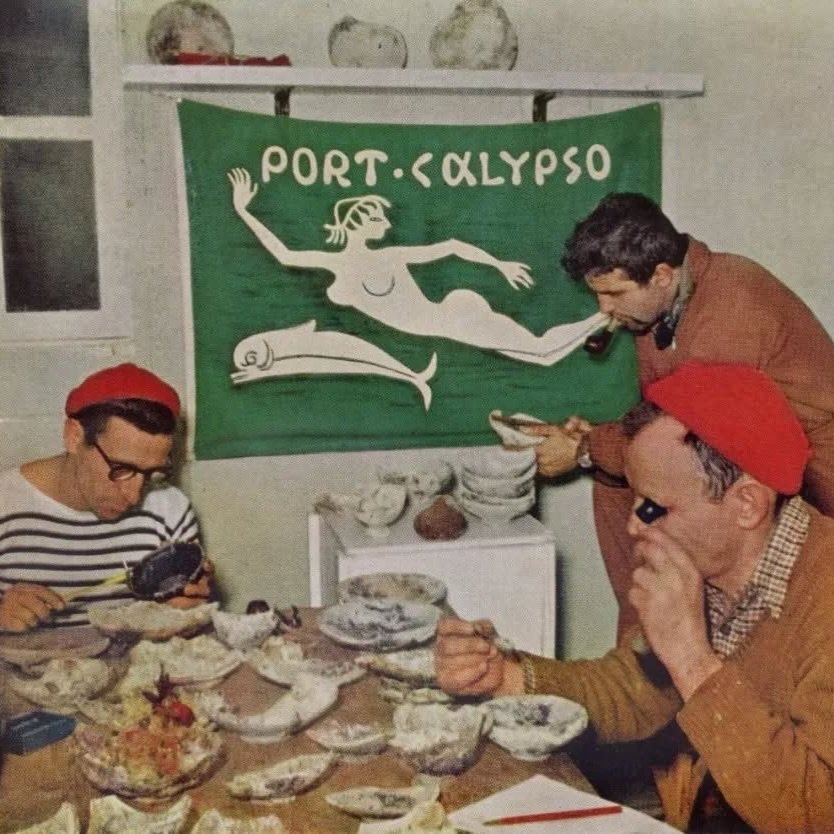 Jacques Cousteau and his team aboard Port-Calypso during their underwater archaeological excavations near Marseille, studying amphorae fragments recovered from ancient shipwrecks on the sea floor.

The vessel itself was named for Calypso, the sea nym