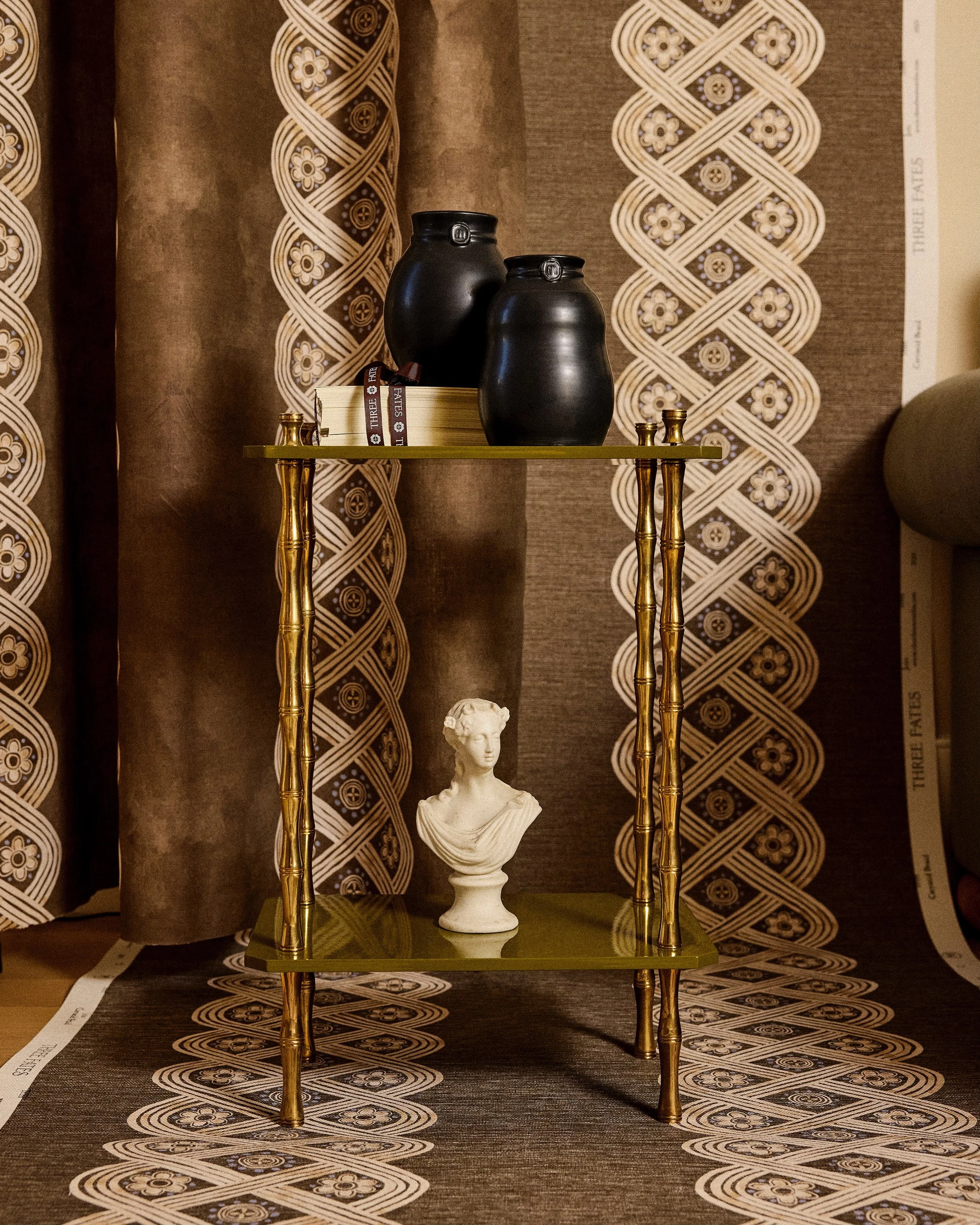 Designed to drench. Caryatid Braid maintains the same scale across both fabric and wallcovering, allowing the motif to wrap an entire room. Shown here in Alluvium.