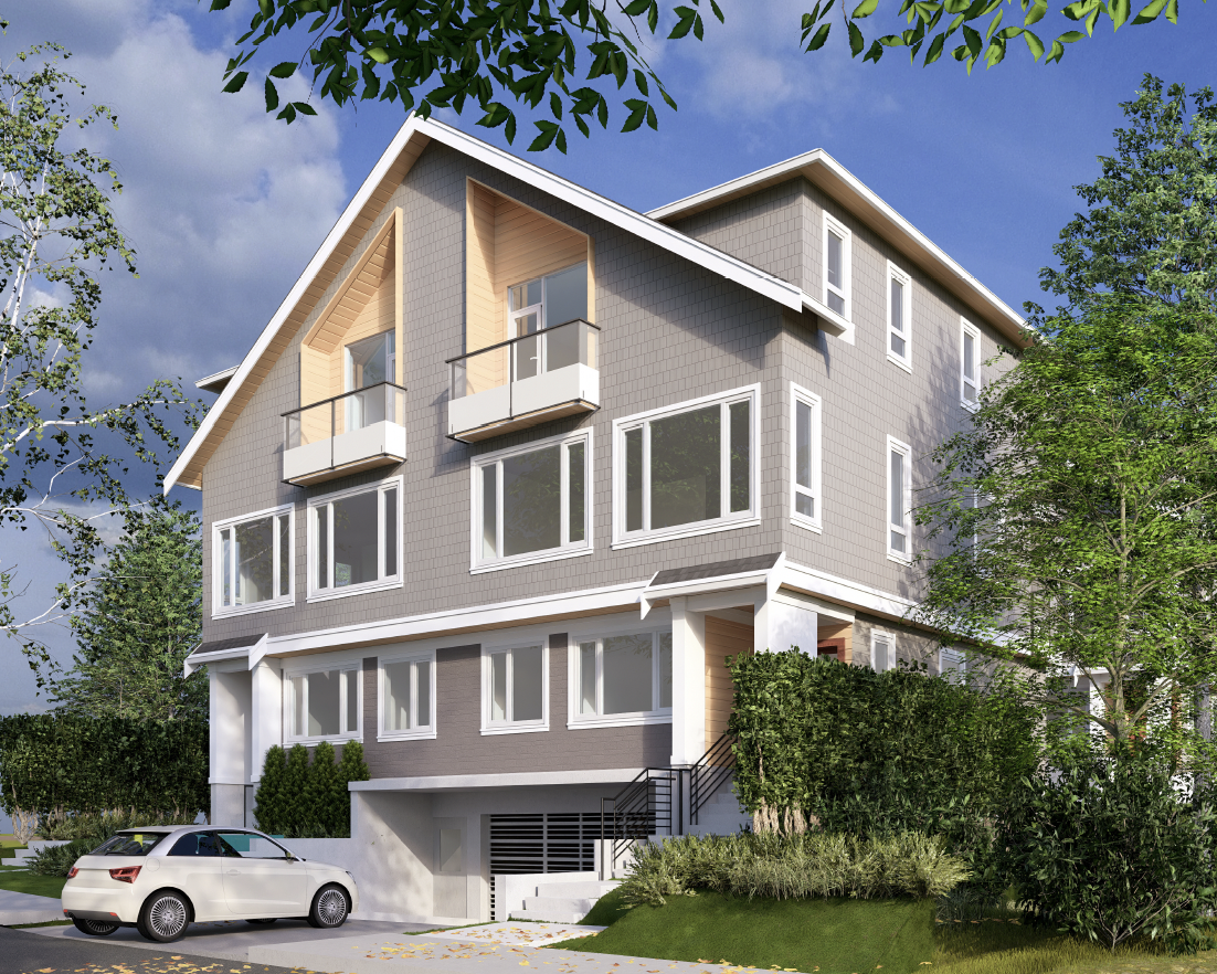 A modern multi-story residential building with gray and beige exterior, large windows, small balconies, and surrounded by trees and greenery, with a white car parked in front.